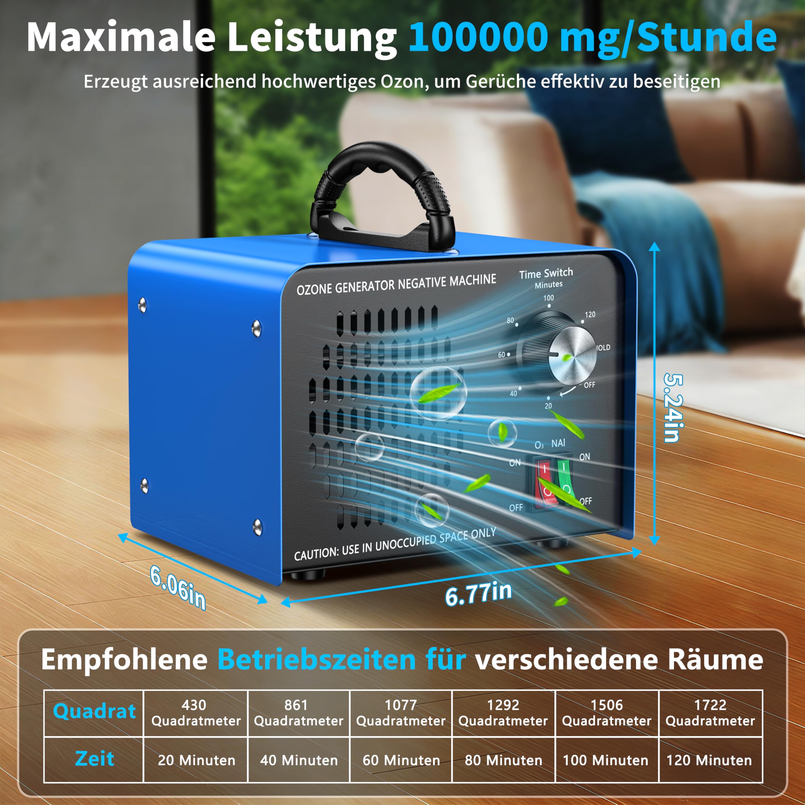 Ozongenerator 100000 mg/h,Ozongerät mit negativen Ionen und 120Min-Timer,ozon luftreiniger zur Geruchsbeseitigung für Auto,Zuhause,Haustiere,Rauch,gewerbliche/industrielle Nutzung/Anwendbar 600m²-Blue