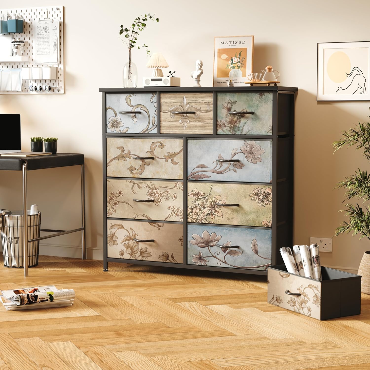 MUTUN Drawers Dresser for Bedroom,Wide Chest of Drawers for Closet, Clothes, TV Stand with Storage Drawers, Wood Board, Fabric Drawers,Floral Painted (9 Drawers)