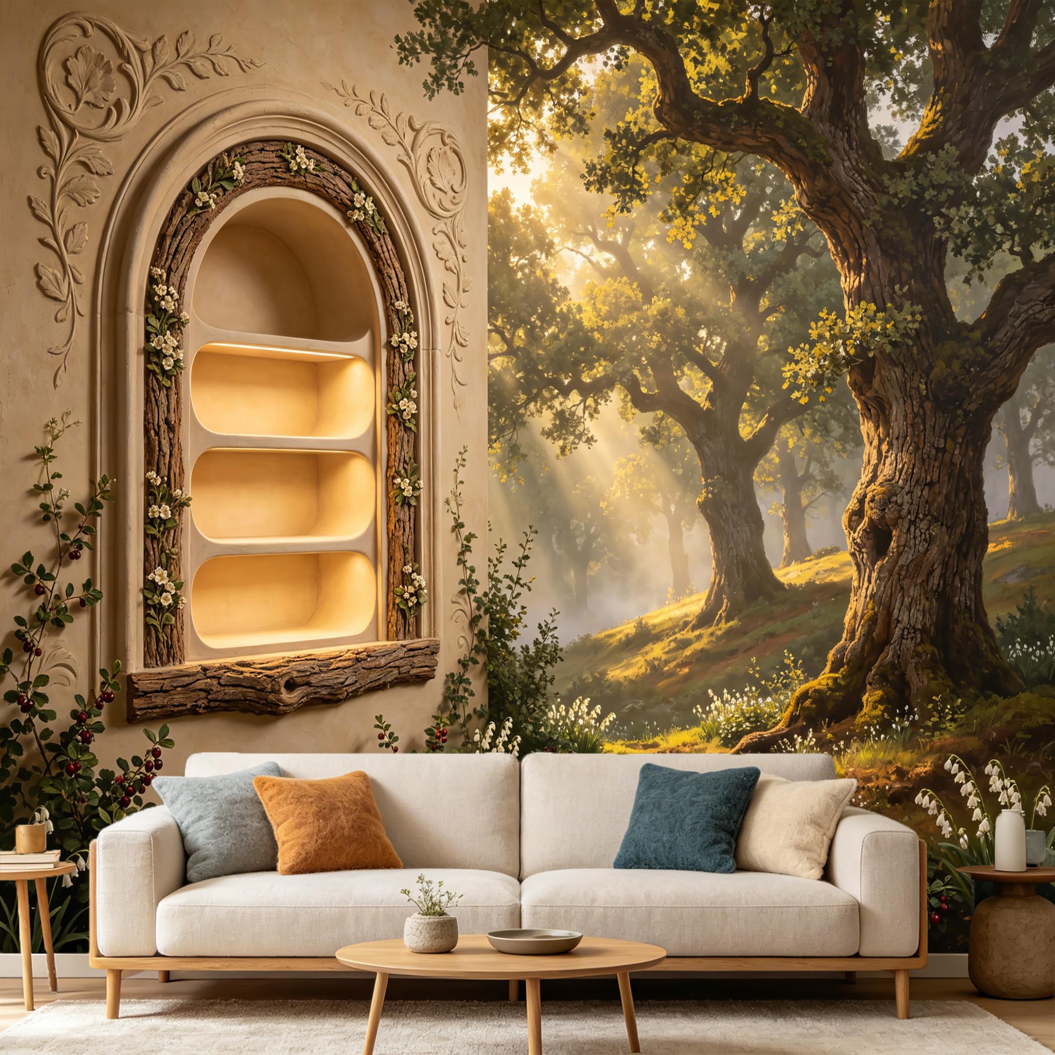 Custom Size Wall Mural， 3D Trompe L'Oeil Rustic Arch Window Forest Landscape Sunlight Trees， SelfAdhesive Art Prints wall Fabric Removable Large Wallpaper Home Living Room Decor
