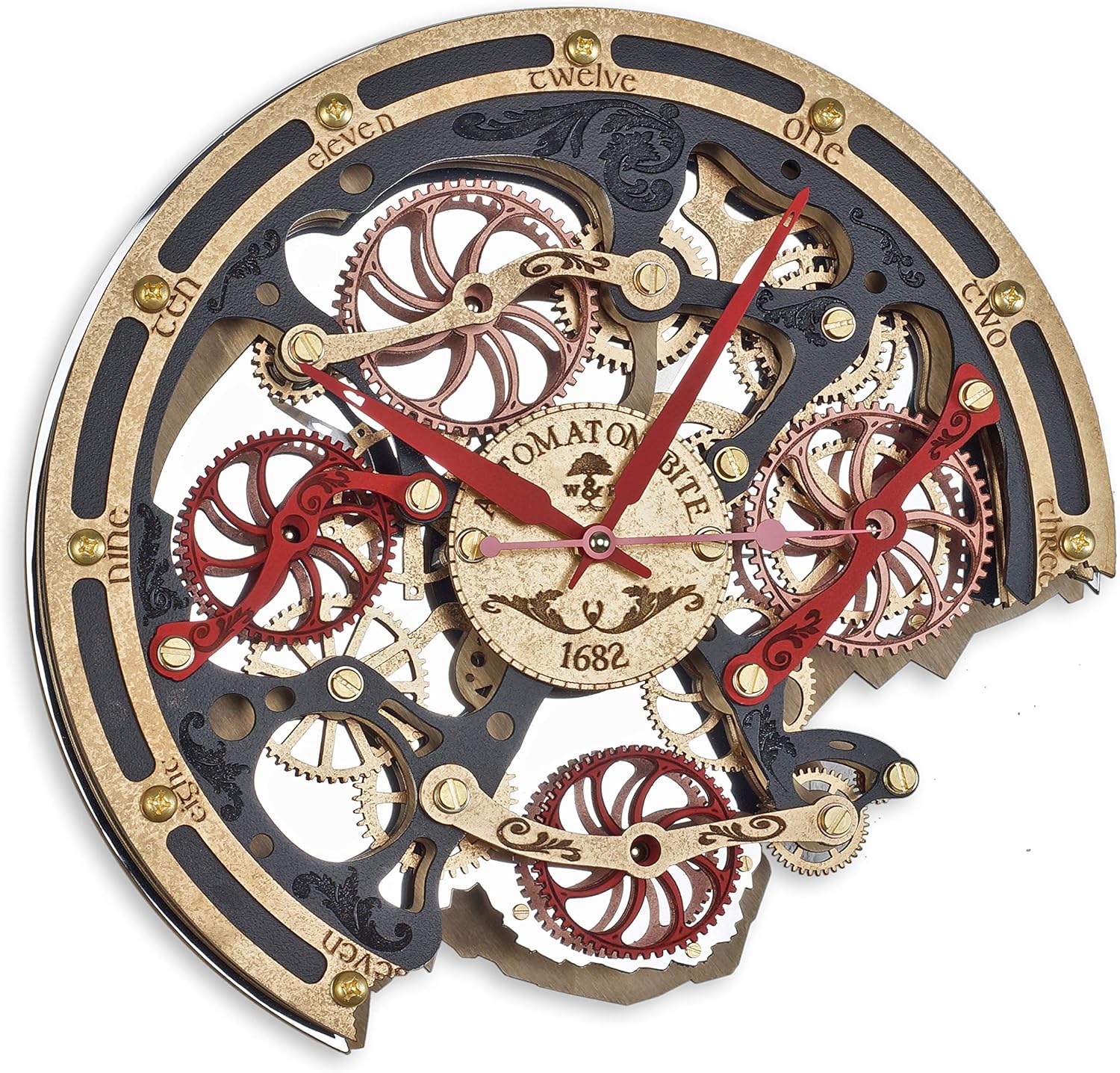 Automaton Bite 1682 "Khokhloma" Large Wall Clock Moving Gears, Mechanical Silent Rotating Wall Art, Home Living Room and Office design, Personalized Engraving Art Gift, Steampunk Loft Antique Decor