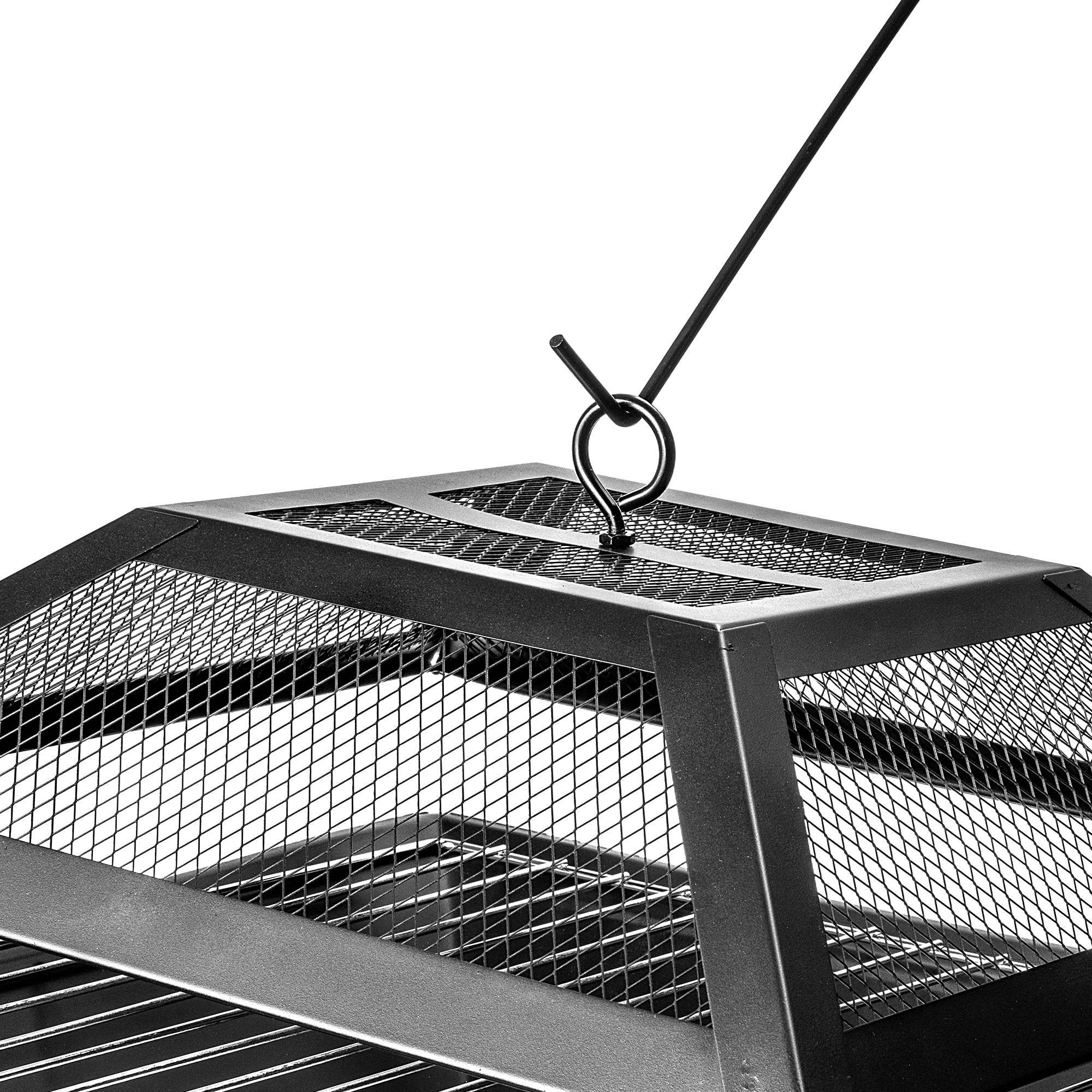 KADAX Feuerschale aus Stahl, 46 x 36 cm, Feuerkorb mit Funkenschutz, Schürhaken und Grillrost, Outdoor Feuerstelle für Garten und Terrasse (Schwarz)