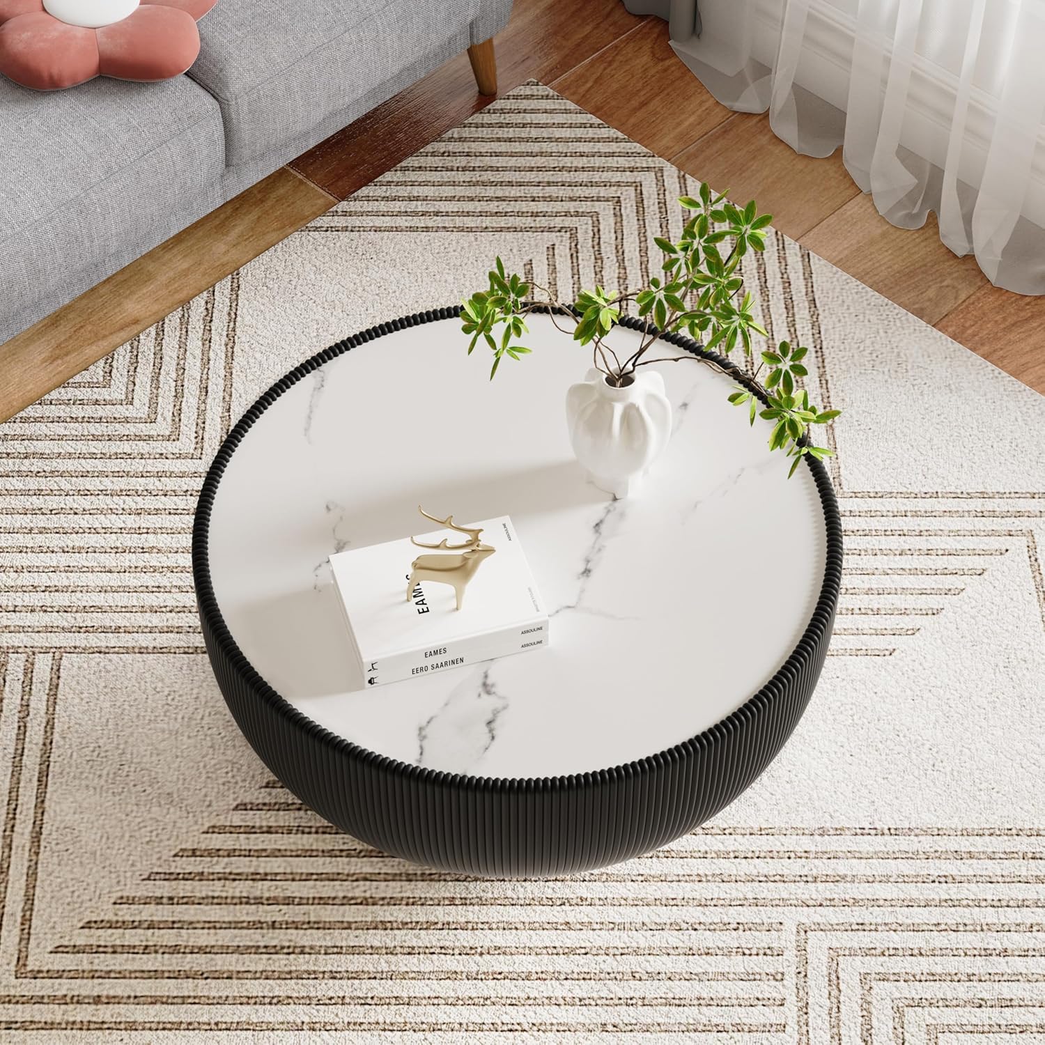 Modern Round Coffee Table, Drum Bowl Tea Table with Sintered Stone Tabletop, Fluted PU Leather Covered and Metal Base, Center Table for Living Room Home Office
