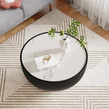 Henf 27.55 Round Marble Coffee Table, White Sintered Stone Fluted Coffee Tables for Living Room, Black PU Leather Covered & Gold Metal Base, Luxury Bucket Shape Tea Cocktail Center Table