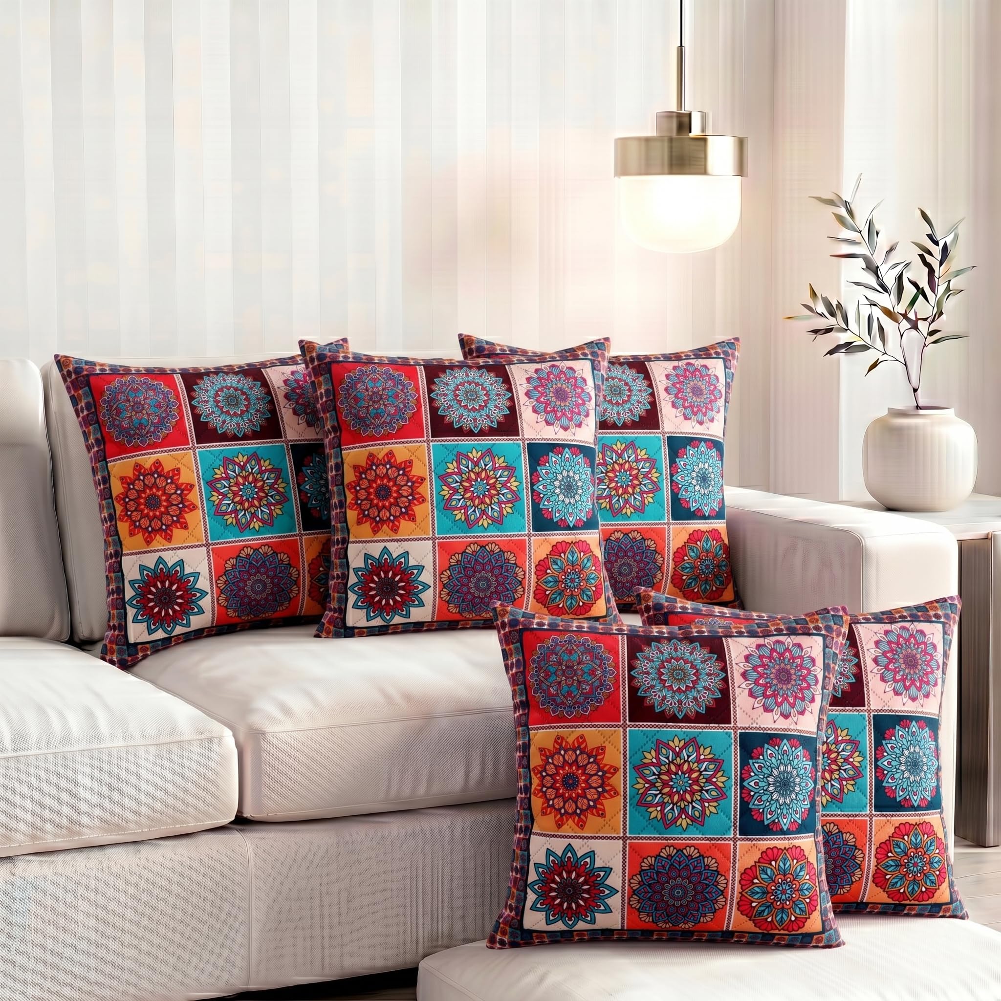 Nendle Printed Holland Velvet Cushion Covers Set of 5, 16 x 16 Inches (40 x 40 cm), Decorative Sofa Cushion Cover with Zipper Closure, Floral Geometric Abstract Bohemian Designs, Multicolor-image-47