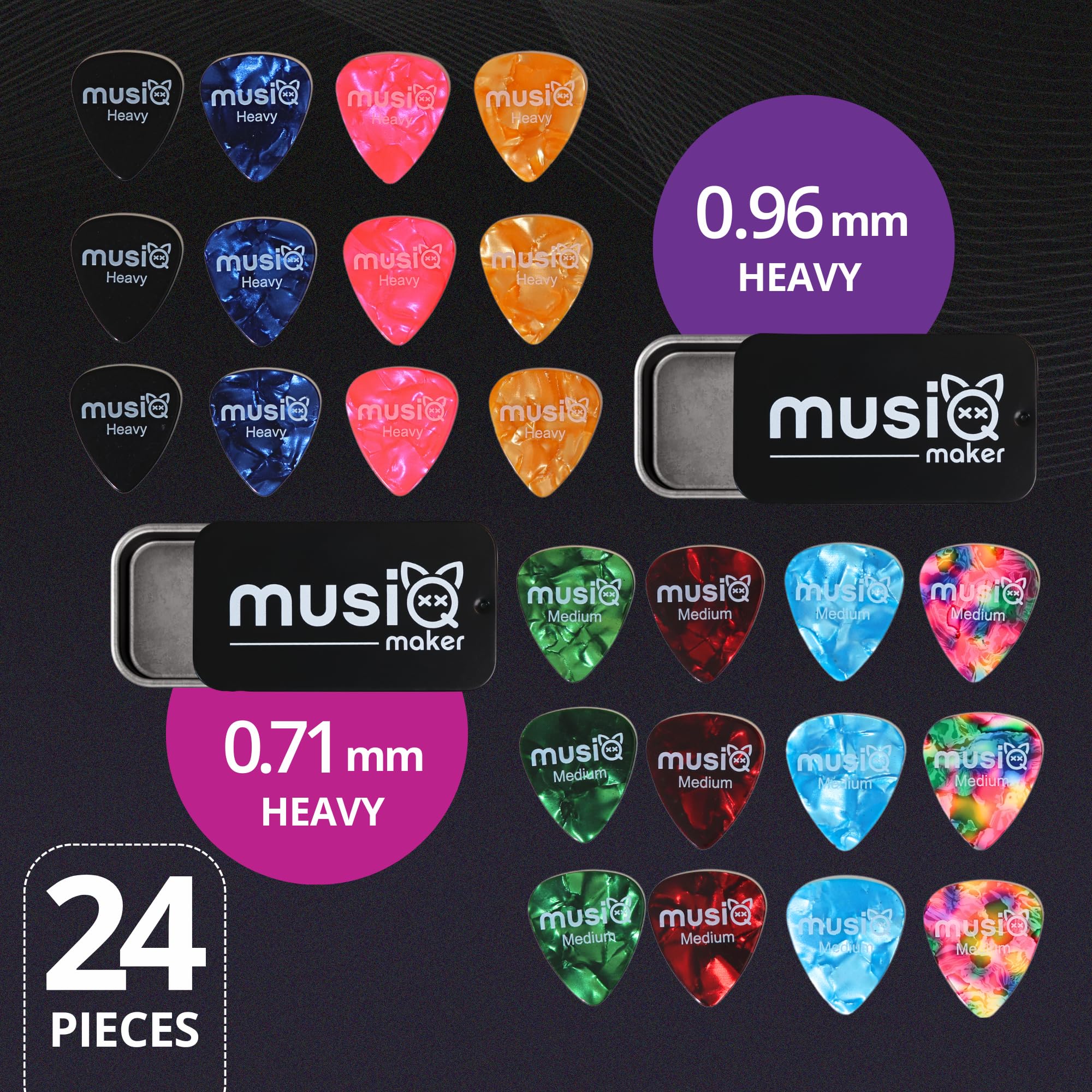 Guitar Picks by Musiq Maker | 24 Pack Guitar Picks Medium & Heavy - Variety Pack | 2 Tin Organizers | Acoustic Guitar Picks, Electric Guitar Picks, Electric Bass Picks | Celluloid Picks for Guitar.