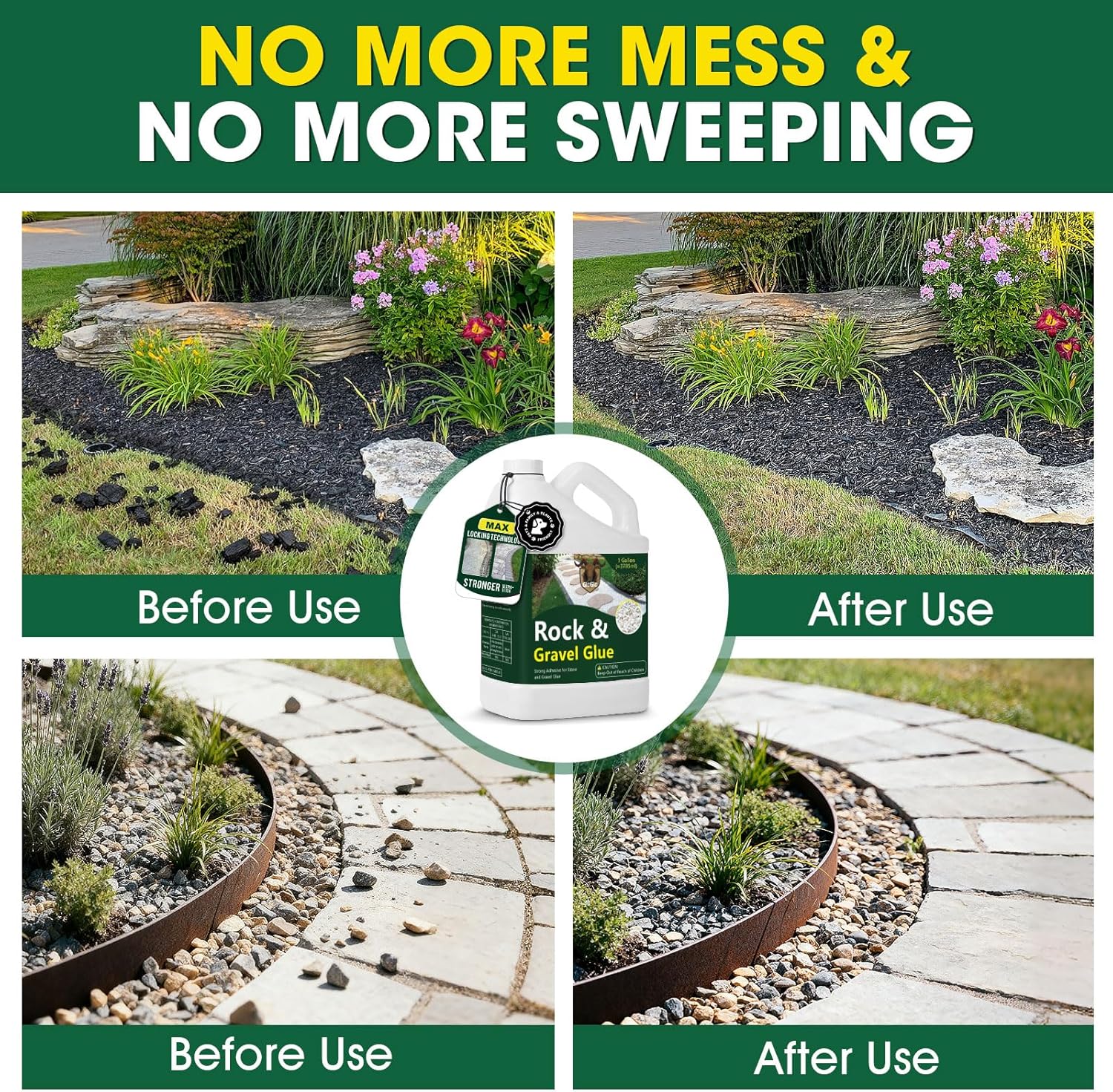 GloGlo Ready to Use Rock Glue for Landscaping, 1 Gallon Mulch Glue, No Dilution Needed Non-Toxic Weather-Resistant Strong Gravel Binder, Pine Straw Outdoor Strong Pebble Gravel Hold for Garden