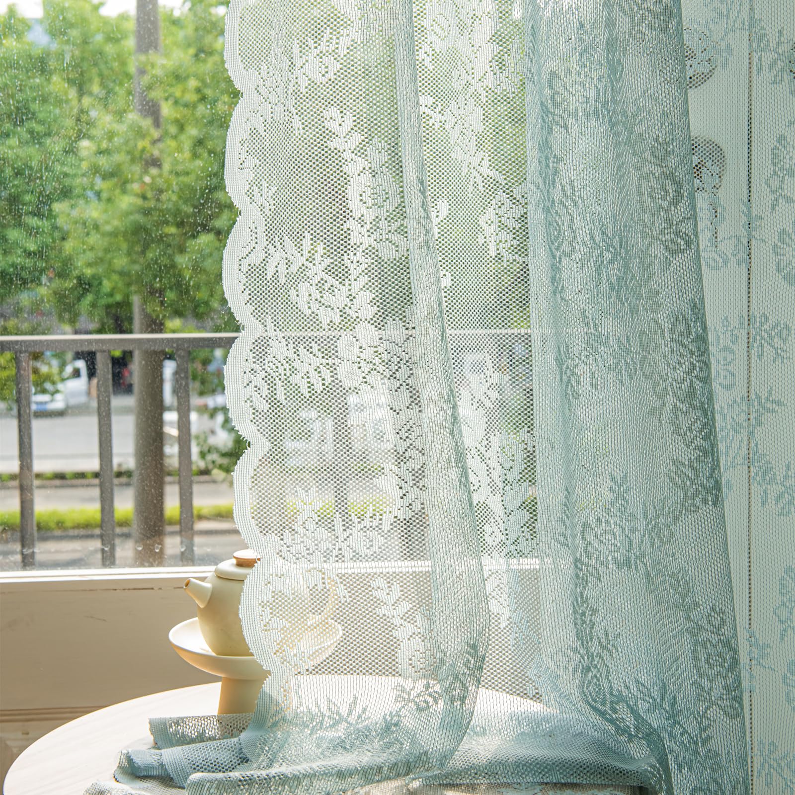 Deeprove Teal Lace Boho Curtains 84 Inches Long 2 Panels Set, Aqua Sheer Florals Bohemian Shabby Chic Vintage Window Treatment Pair Christmas Decor Drapes for Bedroom, Rod Pocket, W57 x L84