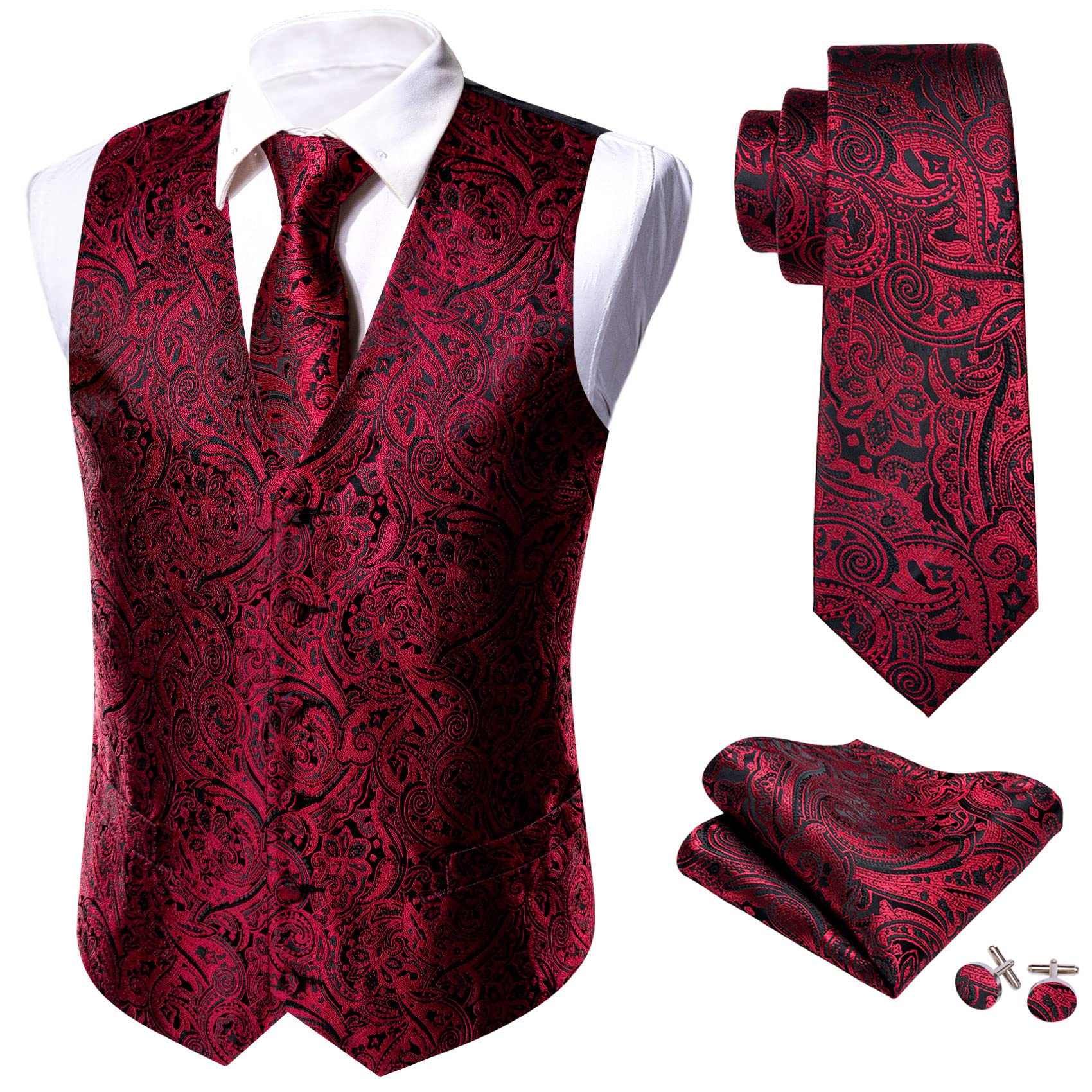 Barry.Wang Gilet cachemire pour homme en soie jacquard avec col en V et boutons de manchette carrés pour mariage, smoking, bal de fin d'année
