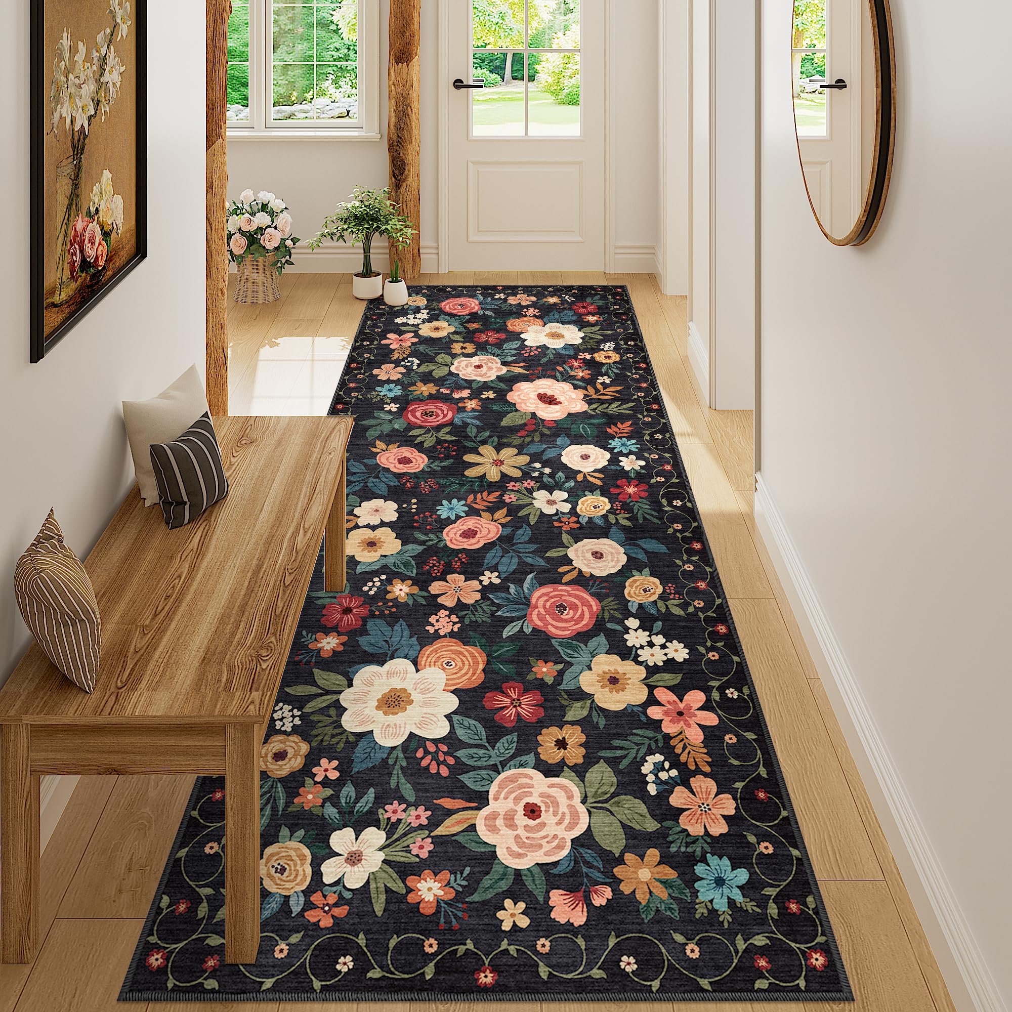 DUKINO 3x8 Washable Kitchen Runner Rug, Non Slip Soft Floral Hallway Runner Rug with Non Shedding Design, Low Pile Loog Floor Carpet for Kitchen, Hallway, Bathroom, Entryway, Laundry, Black