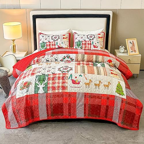 Miniatura 8 de Juego de edredón de Navidad, tamaño Queen, diseño de árbol de Navidad, copos de nieve, reno, retazos, juego de colcha de 3 piezas, reversible,
