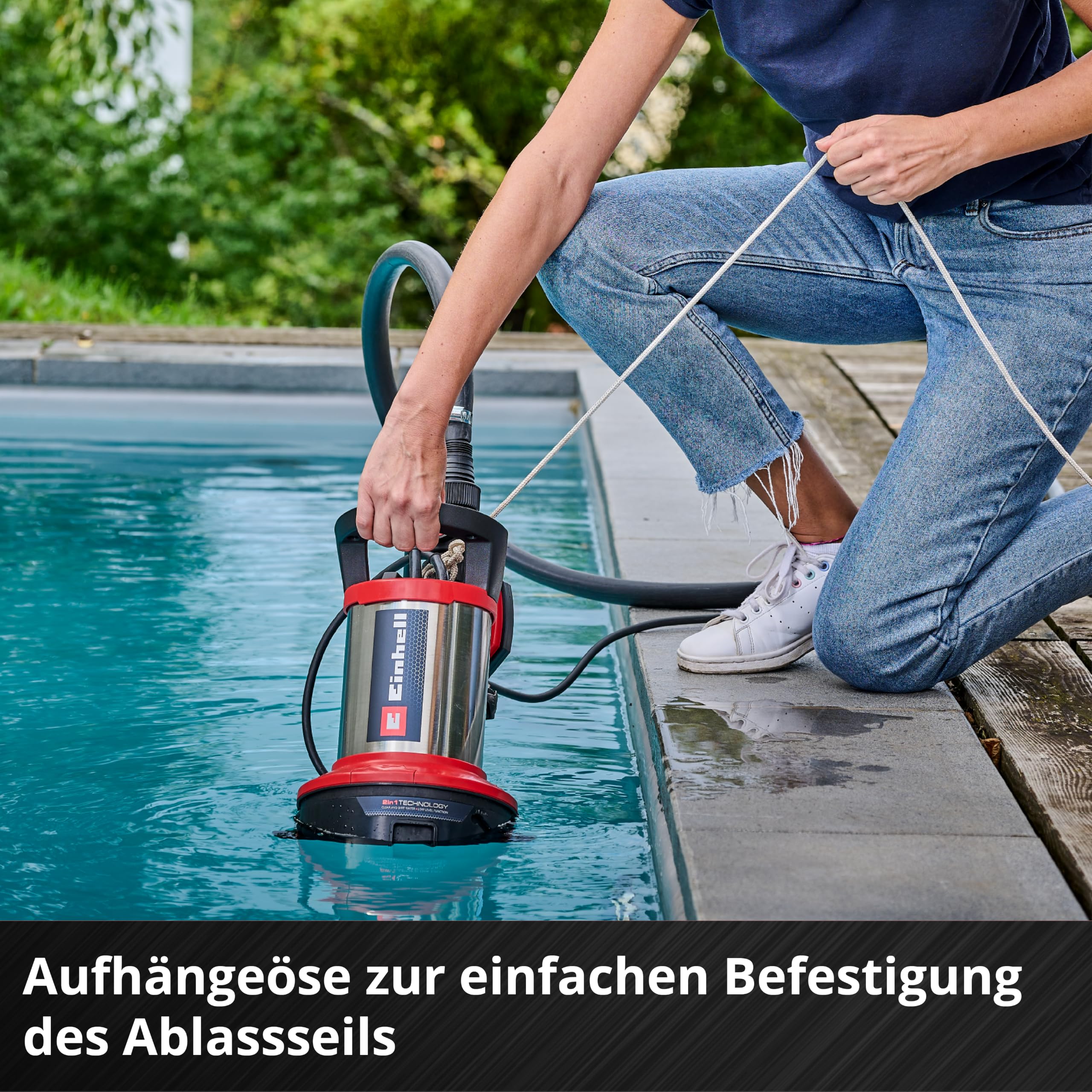 Einhell Flutset GE-DP 7535 N LL ECO (750 W, bis zu Ø 35 mm Fremdpartikelgröße, max. 18.500 L/h Fördermenge, inkl. 10 m Gewebeschlauch, Universaladapter, Kunststoffbox)