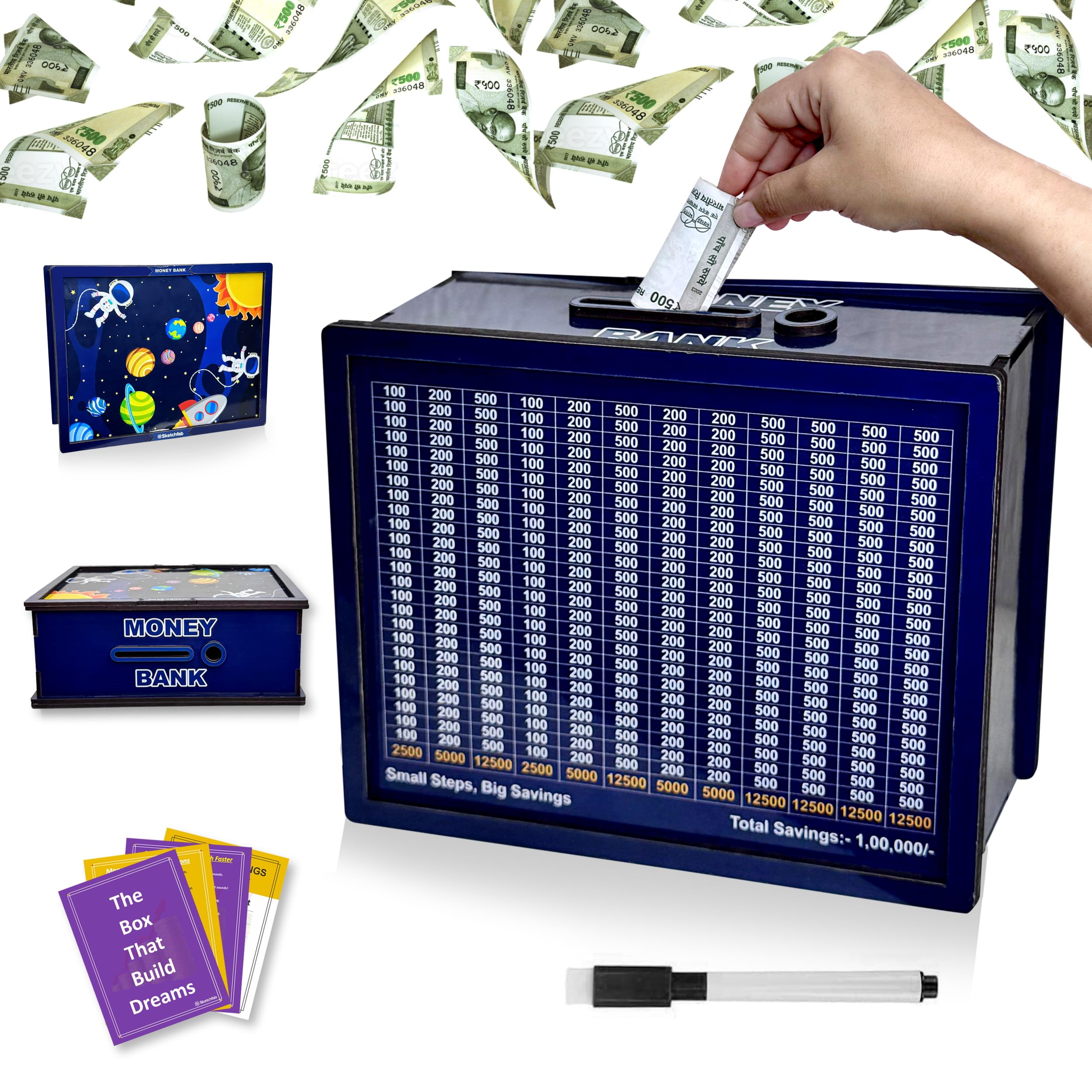 Sketchfab Money Saving Box for Adult 100000, Wooden with Savings Tracker Bank Kids, Smart Piggy Bank, Box, Coin Box,Gullak Saver,Piggy Rs100000 Home Deal Gift Man, Women (Space)