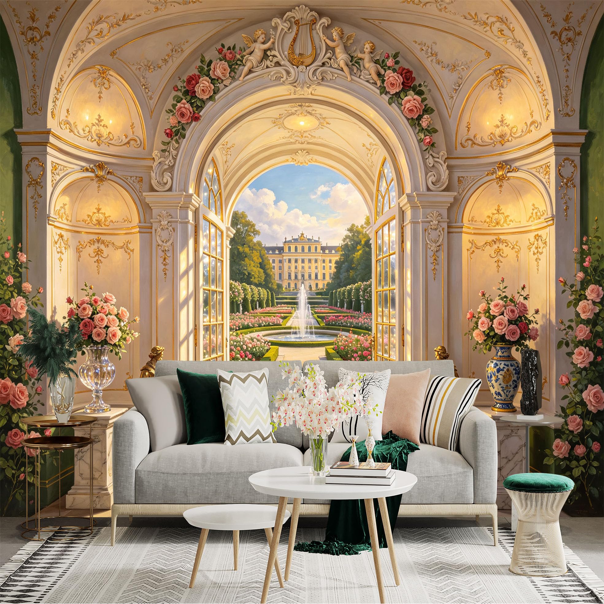 Custom Size Wall Sticker Mural， Luxury Palace Garden Archway with Roses and Fountain， for wall Decoration， peelandstick wall Decals.