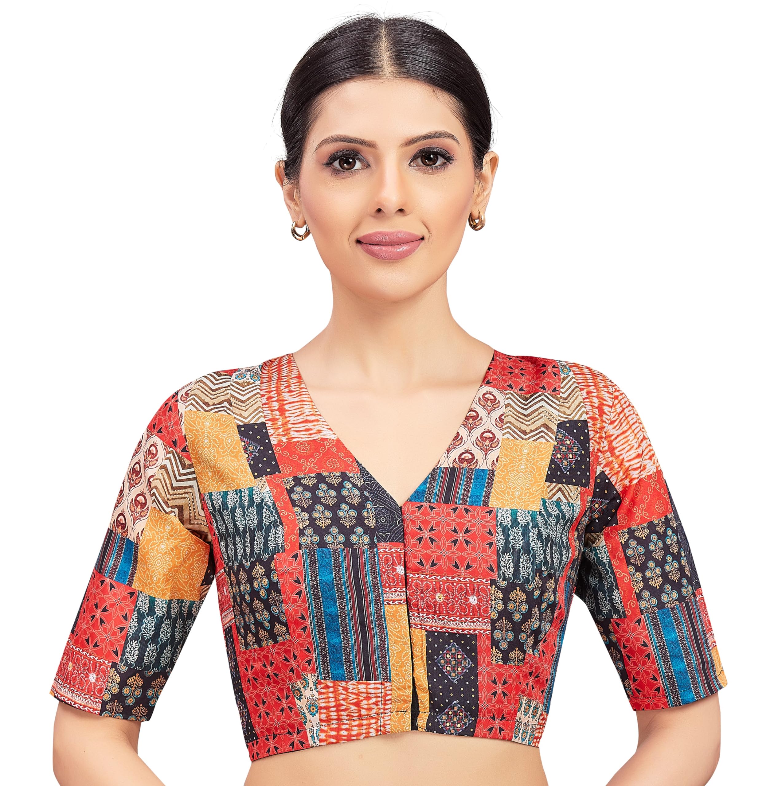 Studio ShringaarWomen's Cotton Patchwork Printed Readymade Saree Half Sleeve Blouse