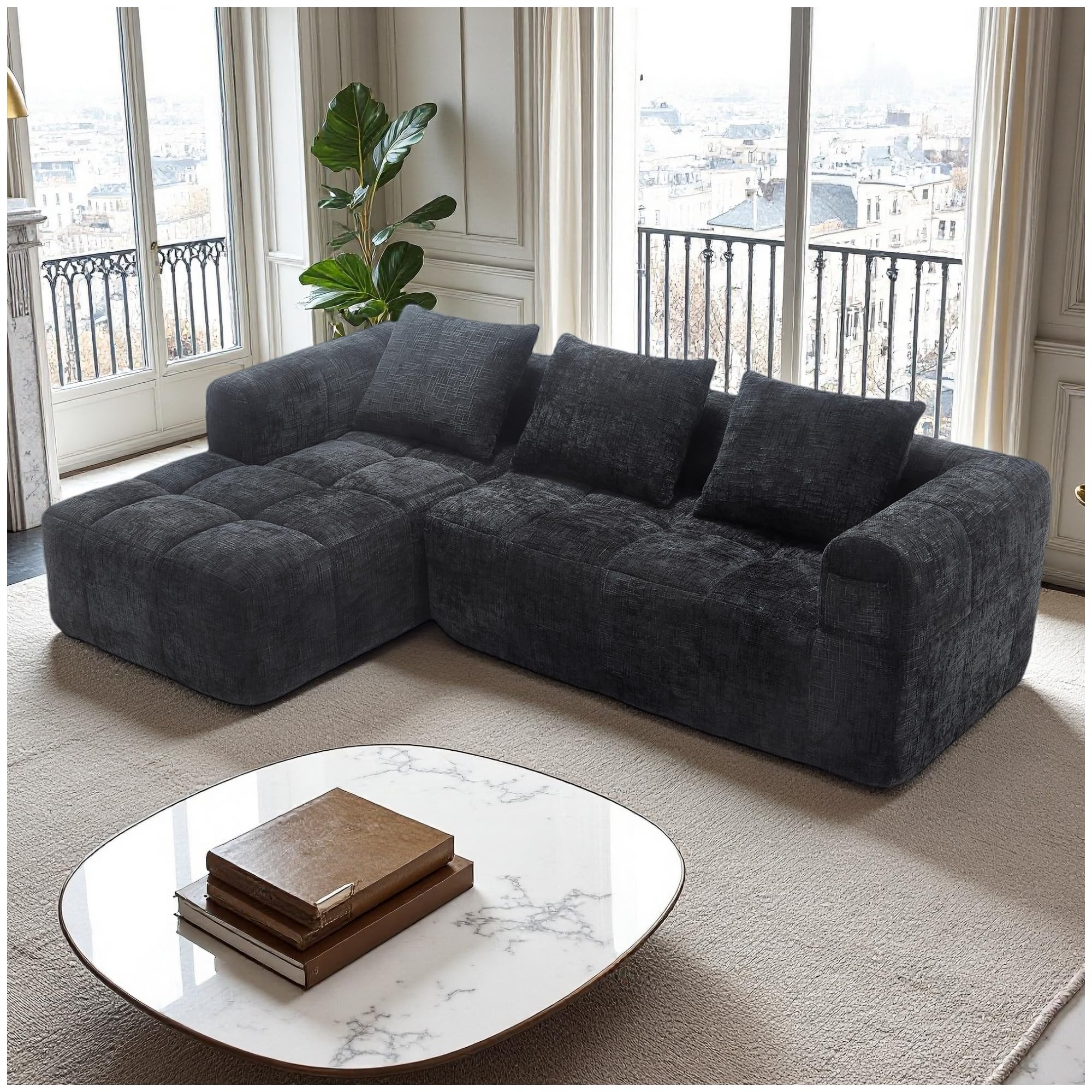 Sofá moderno modular, L, 3 plazas chaise longue, 3 almohadas, bolsillo lateral mando, chenilla, negro