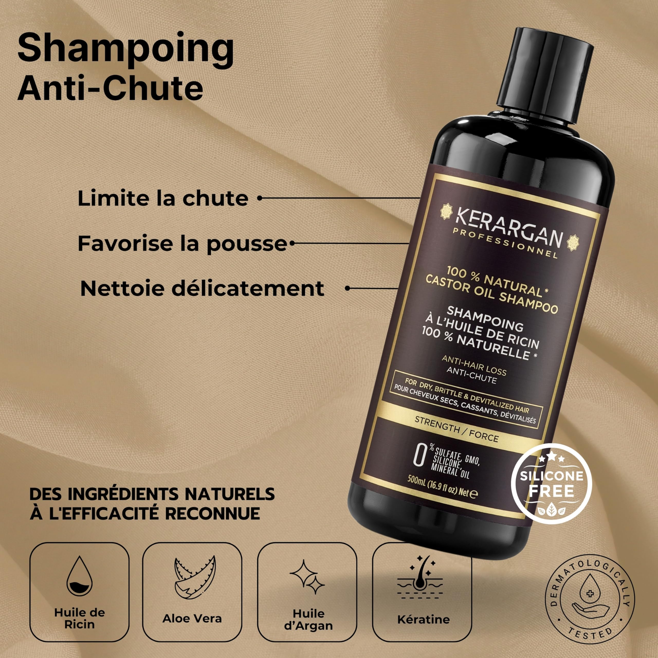 KERARGAN - Routine Ricin 6 Soins Anti-Chute - 3x500ml+100ml+350ml+250ml | Shampoing, après-shampoing, masque, sérum, soin sans rinçage et gommage, routine anti-chute complète