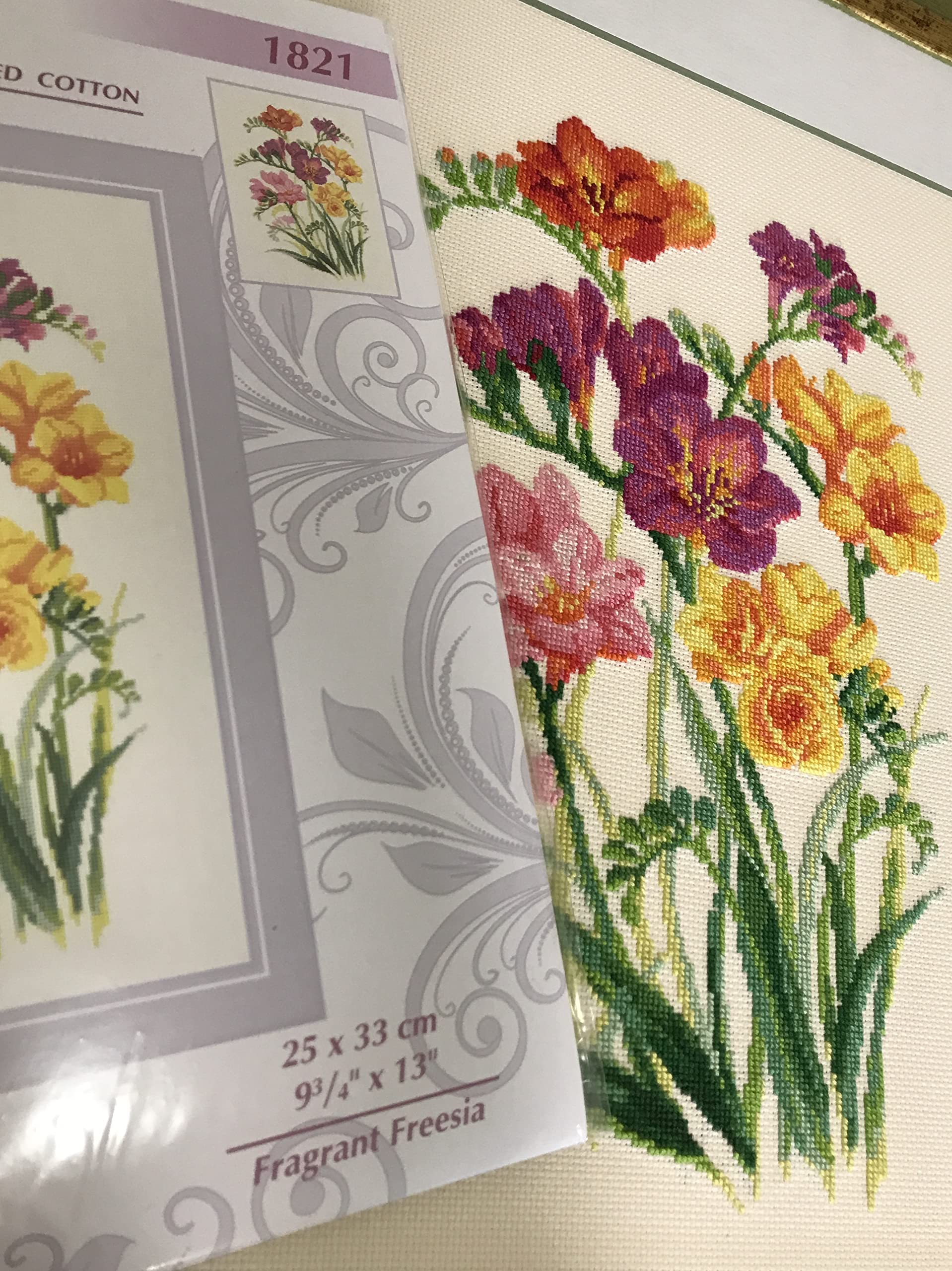 RIOLIS Fragrant Freesia Cross Stitch Kit - Floral Embroidery 9.75x13 For Beginners
