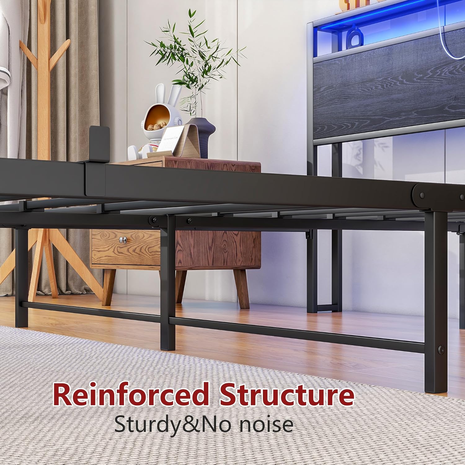 HOJINLINERO Queen Bed Frame with Storage Headboard,Bed Frame Queen Size with Charging Station & LED Lights,Metal Platform Bed No Box Spring Needed,Mattress Foundation,Heavy Duty Slats,Noise Free,Black - Image 8