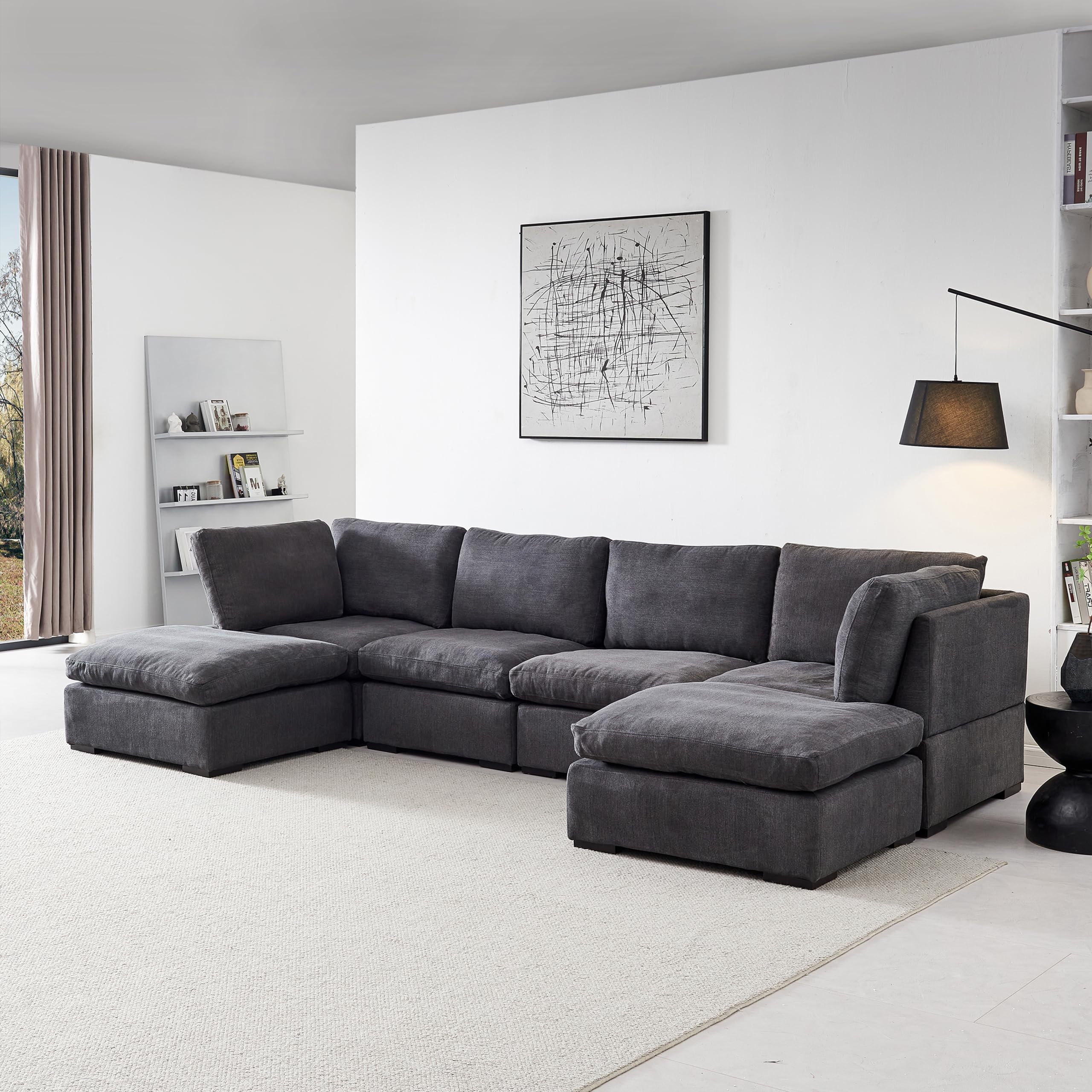 129" Oversized Modular Down Feather Cloud Sectional Sofa W/Reversible Chaise, Modern TV Couch L/U Shaped Free Combined Deep Seat Corner Sofa&Couch with Movable Ottoman Coffee Table for Living Room