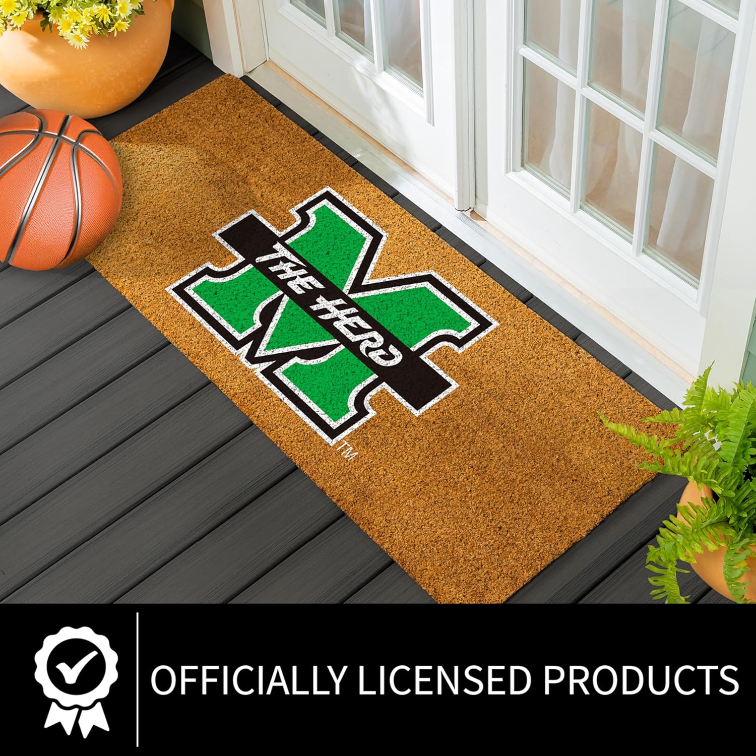 Team Sports America NCAA Marshall University Coir Doormat 60"x24", Officially Licensed Team Logo, Extra Large Front Door Mat, Non-Slip Entrance Rug, Welcome Mat for Double Doors Porch Patio