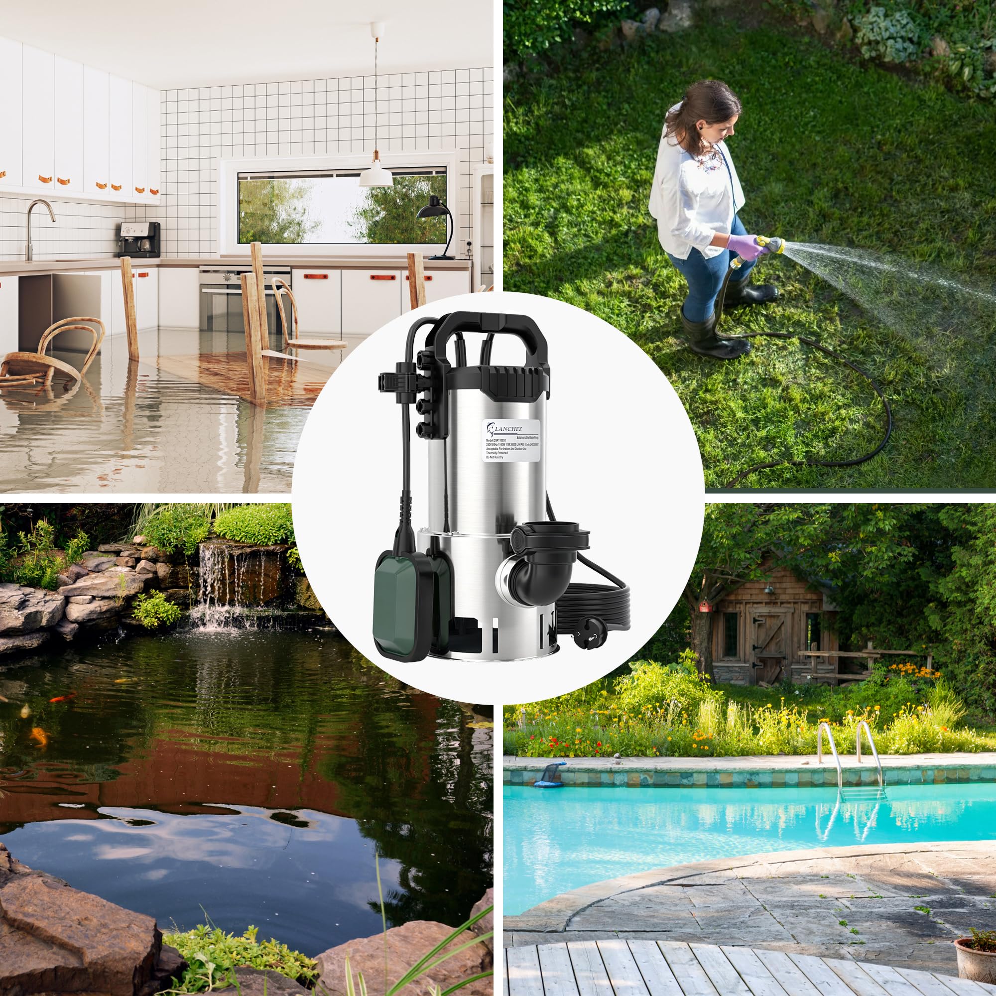 LANCHEZ Edelstahl Schmutzwassertauchpumpe 1100W, 20.000 l/h, Förderhöhe 11 m, Max durchlässige Partikelgröße: 3,5 cm, Einstellbarer Schwimmerschalter, Thermoschutz, für Pool, Schacht, Garten