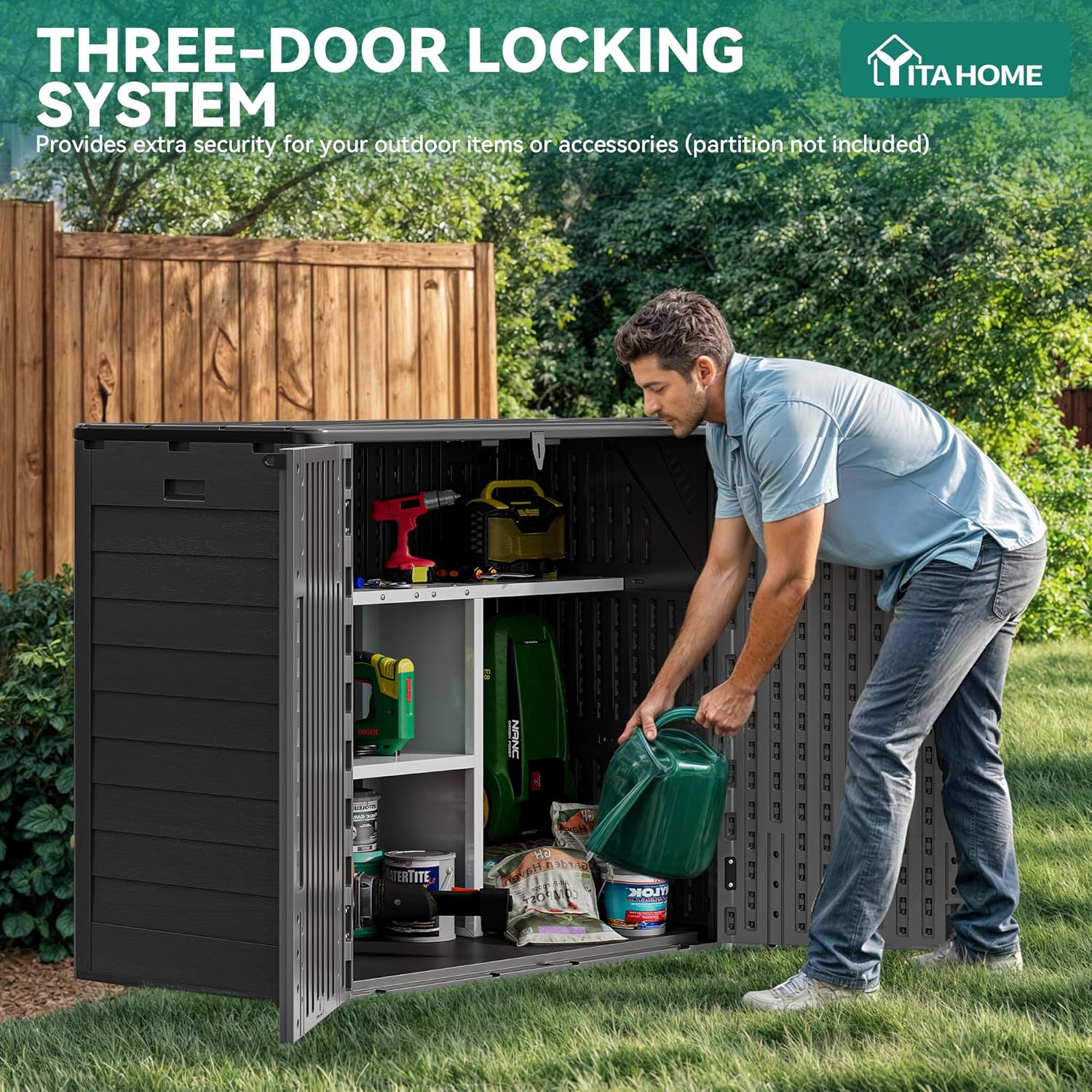 YITAHOME Outdoor Storage Shed w/o Shelf, 30 cu ft Horizontal Storage Shed Outdoor, Resin Waterproof Storage Cabinet for Garage, Poolside, Bikes, and Garden (Dark Gray + Black)