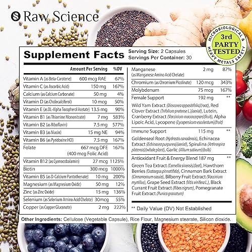 Miniatura 3 de Multivitamínico para mujer, suplemento energético y de apoyo inmunológico, multivitamina A C D, zinc, magnesio, complejo de vitaminas B sin hierro,