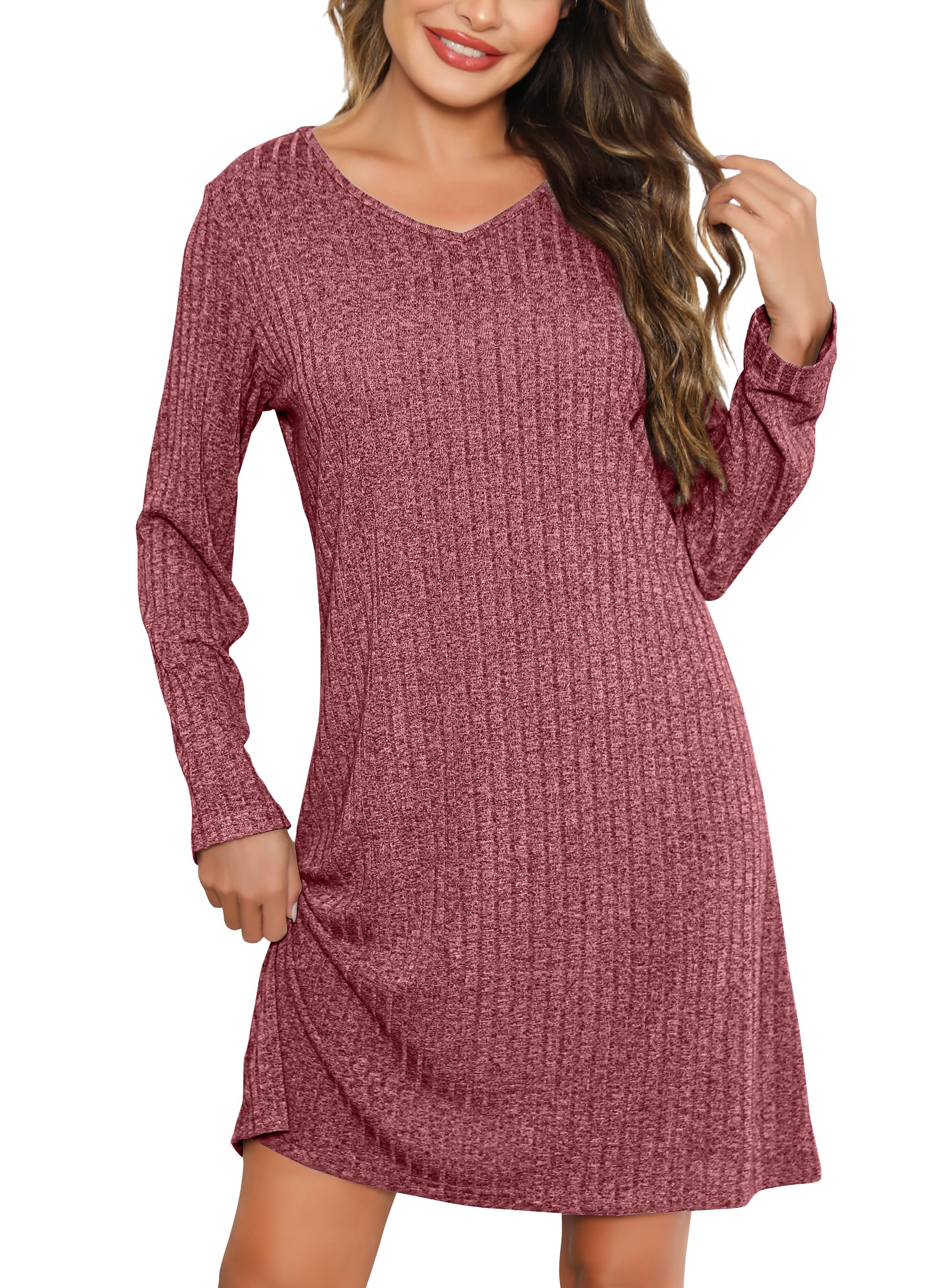 Lovasy Nachthemd Damen Langarm Schlafshirt V-Ausschnitt Rippenstrick Nachtkleid Kurz Loungewear Weich Nachtwäsche