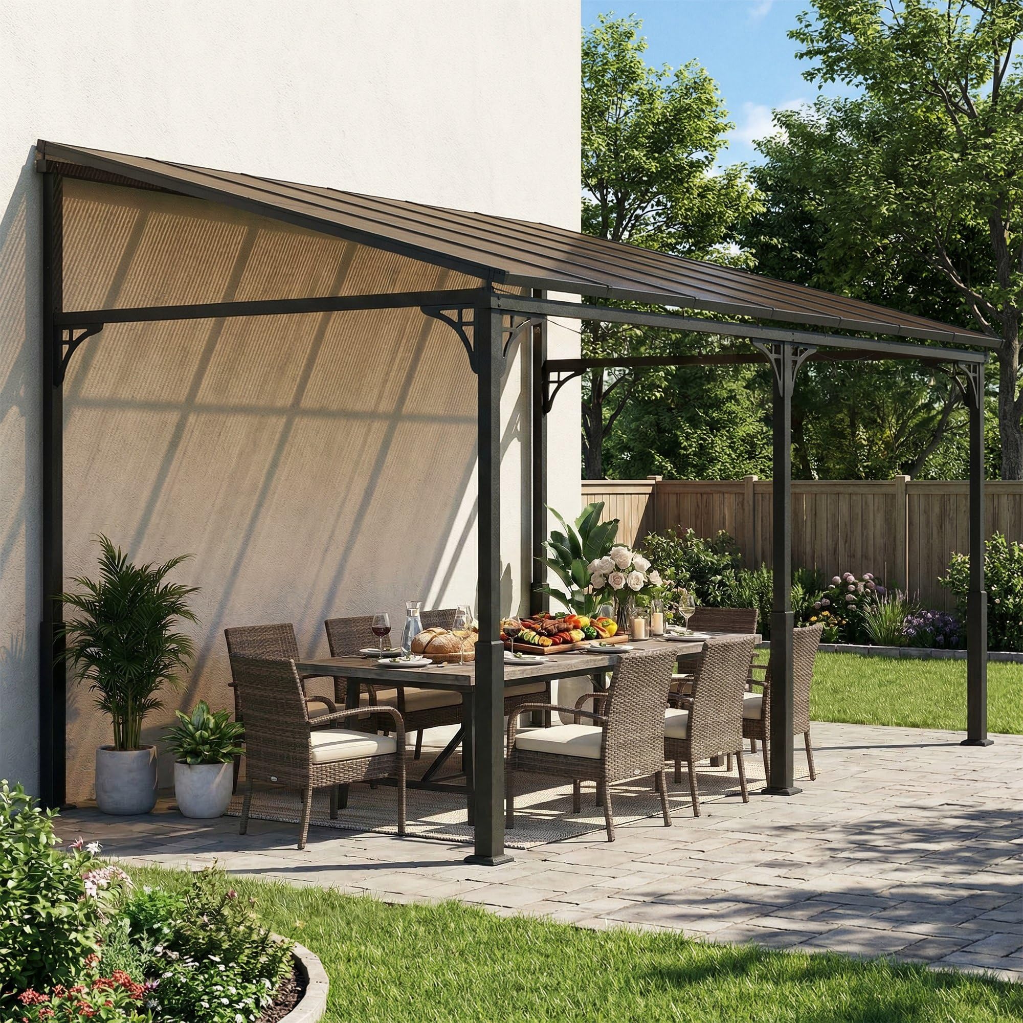 Outsunny Pergola ścienna 4 x 3 m Zadaszenie tarasowe z nachylonym dachem poliwęglanowym, metalowo-aluminiowa rama, przylegająca pergola na taras, ogród, brązowa