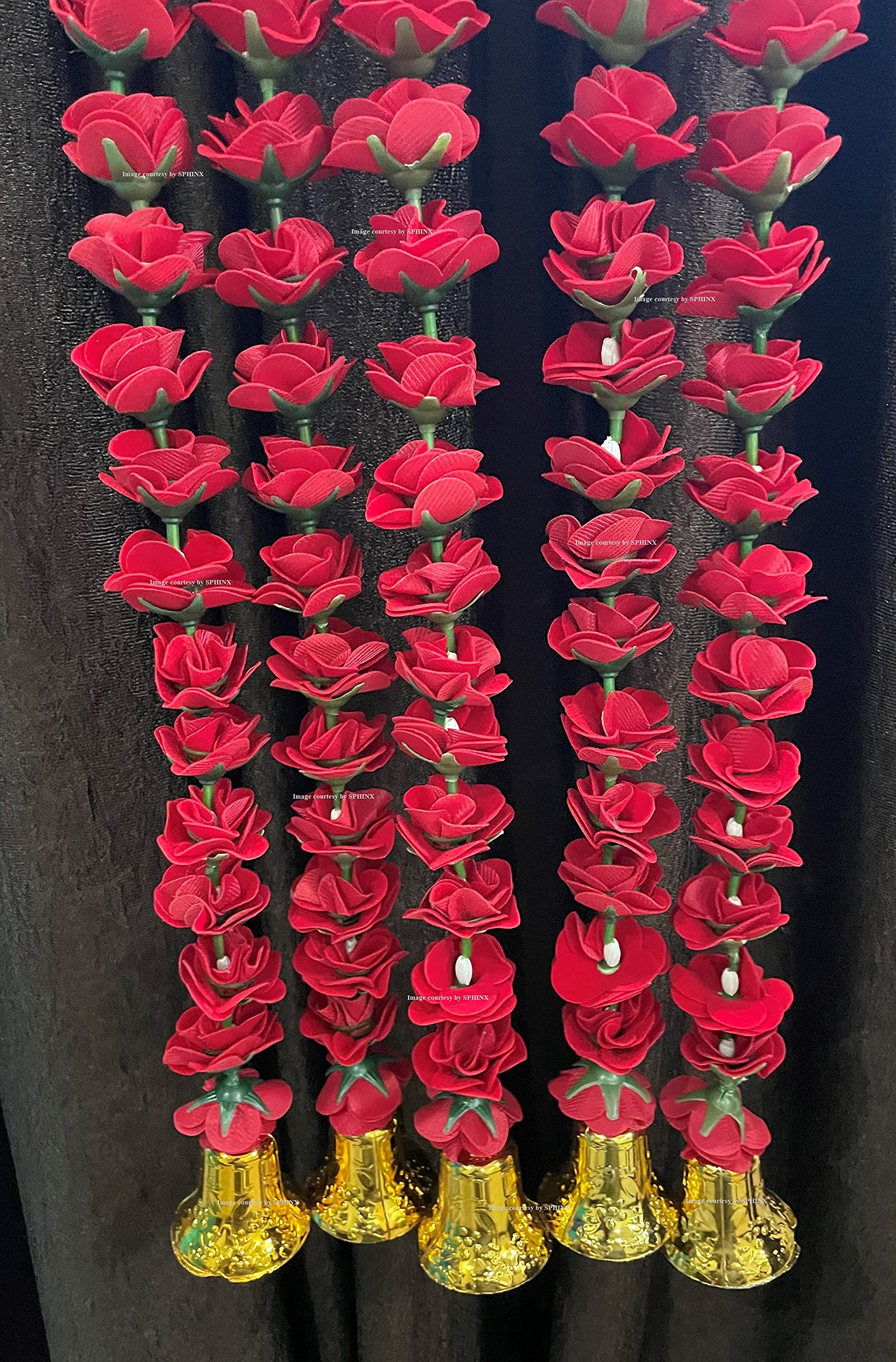 SPHINX Artificial Velvet Roses Garlands with Golden Hanging Bell Approx 2.08 ft - (Red, 5)
