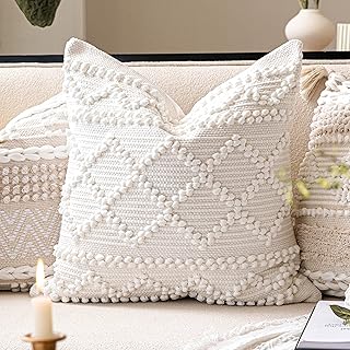 BlissBlush Pure White Decorative Throw Pillow Cover 20X20, Boho Accent P...