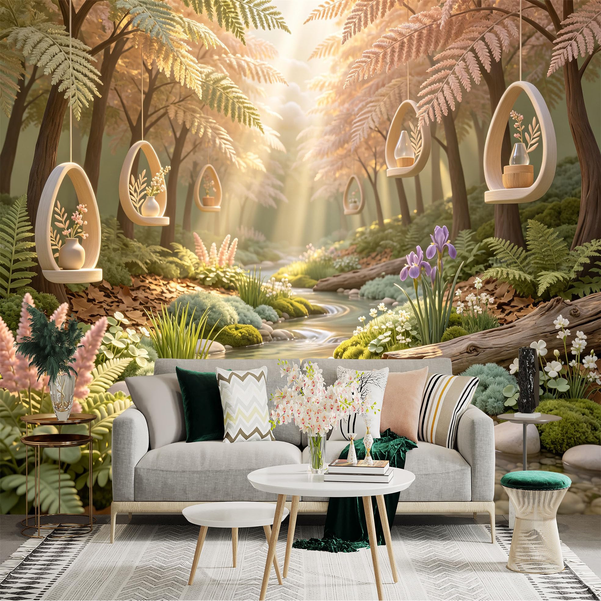 Lnzczhyre Bh260719667 Custom Size Wall Sticker Mural， Enchanted Forest Stream With Hanging Wooden Decor， Peaceful Nature Scenery， For Wall Decoration， Peelandstick Wall Decals.