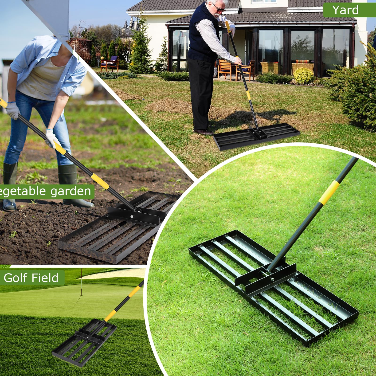 DBREAKS Rastrillo Nivelador de Césped, 75 x 26 x 182 cm, Herramienta Niveladora de Césped con Mango Ajustable, Nivelador de Suelo de Metal Resistente y Resistente al Óxido para Patio, Cancha de Golf