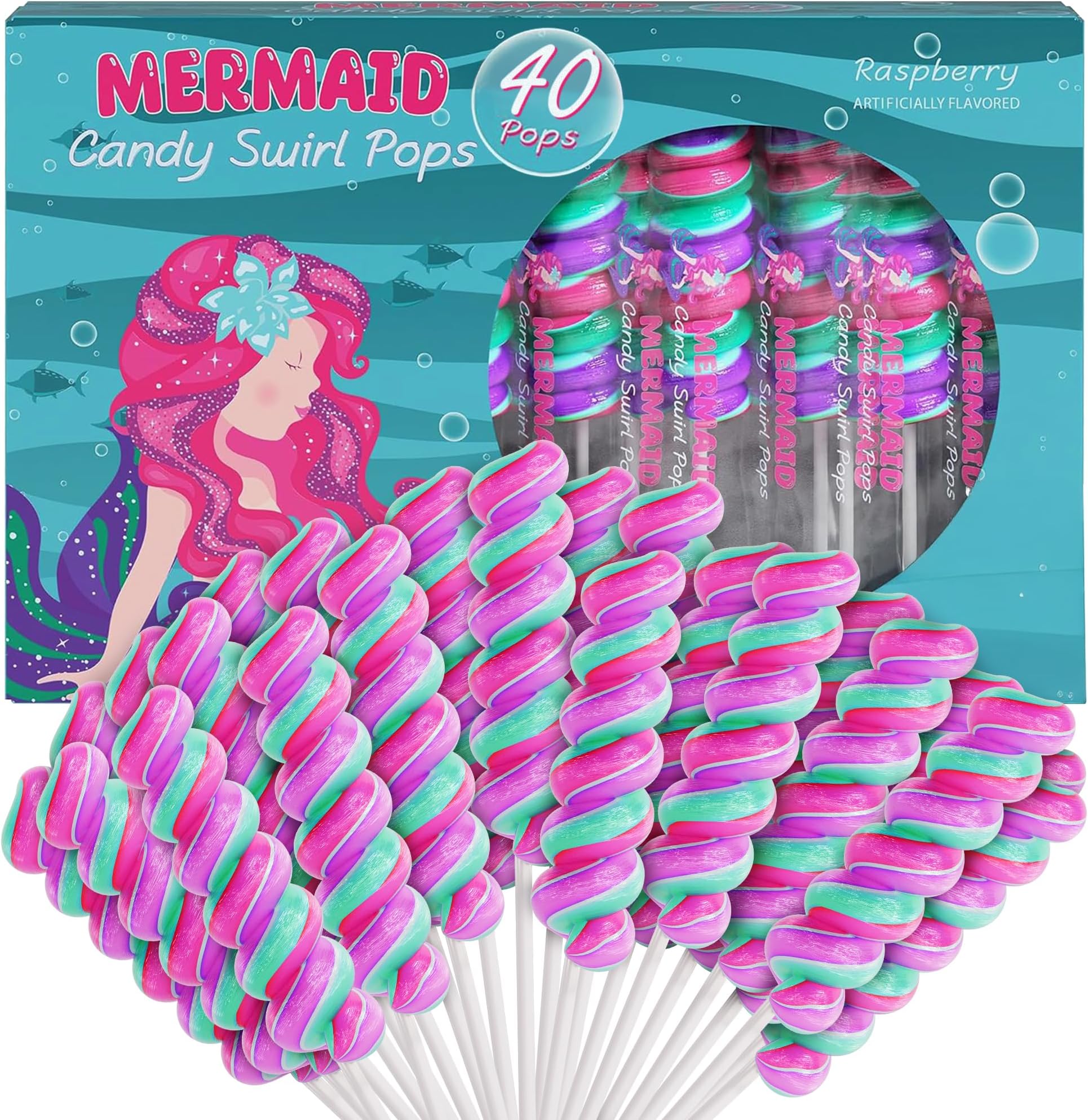Mermaid Lollipops- Swirl Lollipops Mermaid Candy For Little Mermaid Party Favors & Mermaid Party Supplies - Mermaid Suckers (MERMAID, 40 Count (Pack of 2))
