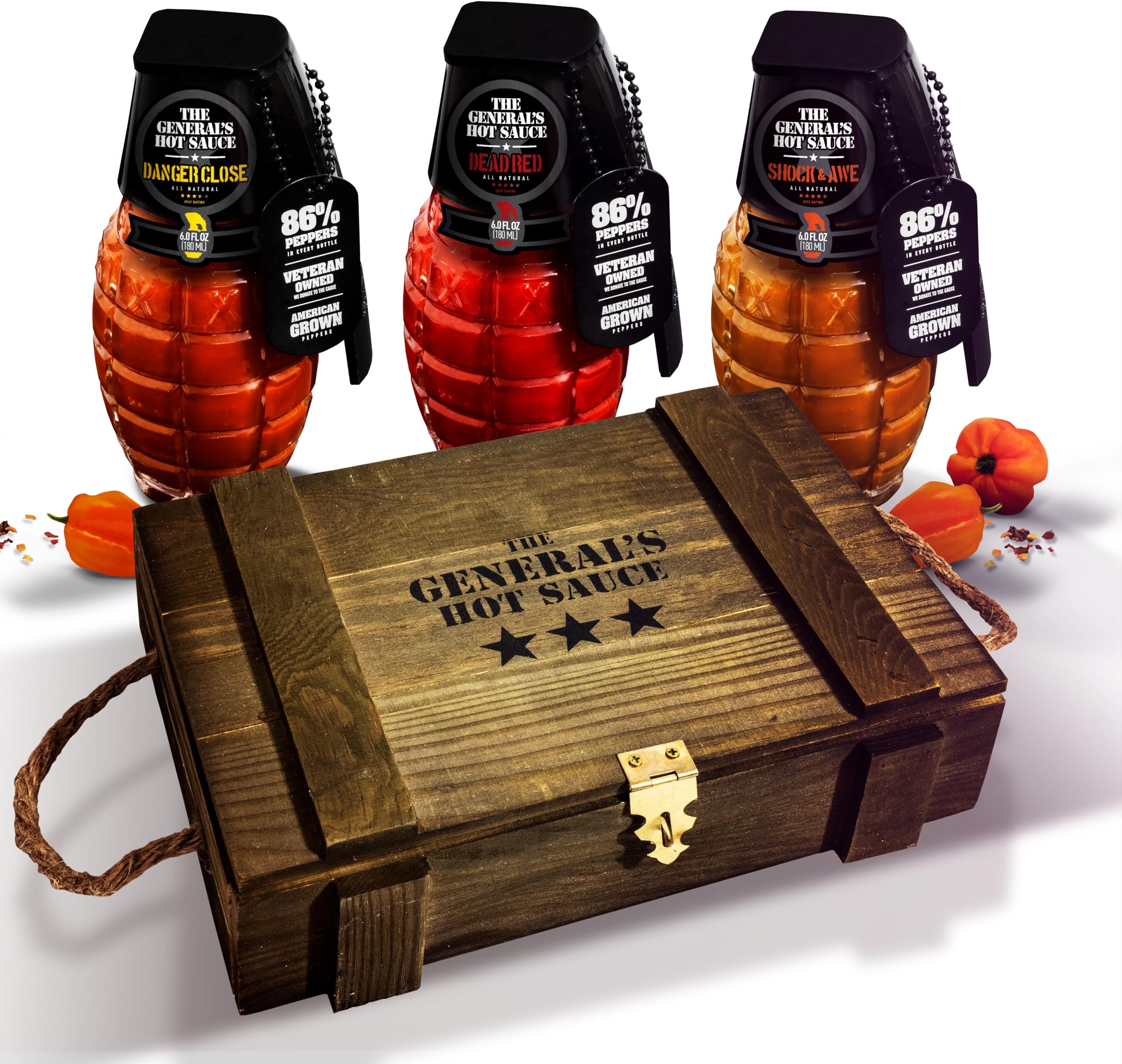 The General’s Ammo Crate Hot Sauce Gift Set - Gourmet Hot Sauce Variety with Cayenne & Habanero - All-Natural, Spicy Sauce Collection - American Grown, Veteran-Owned 3-Pack (6oz Bottles)
