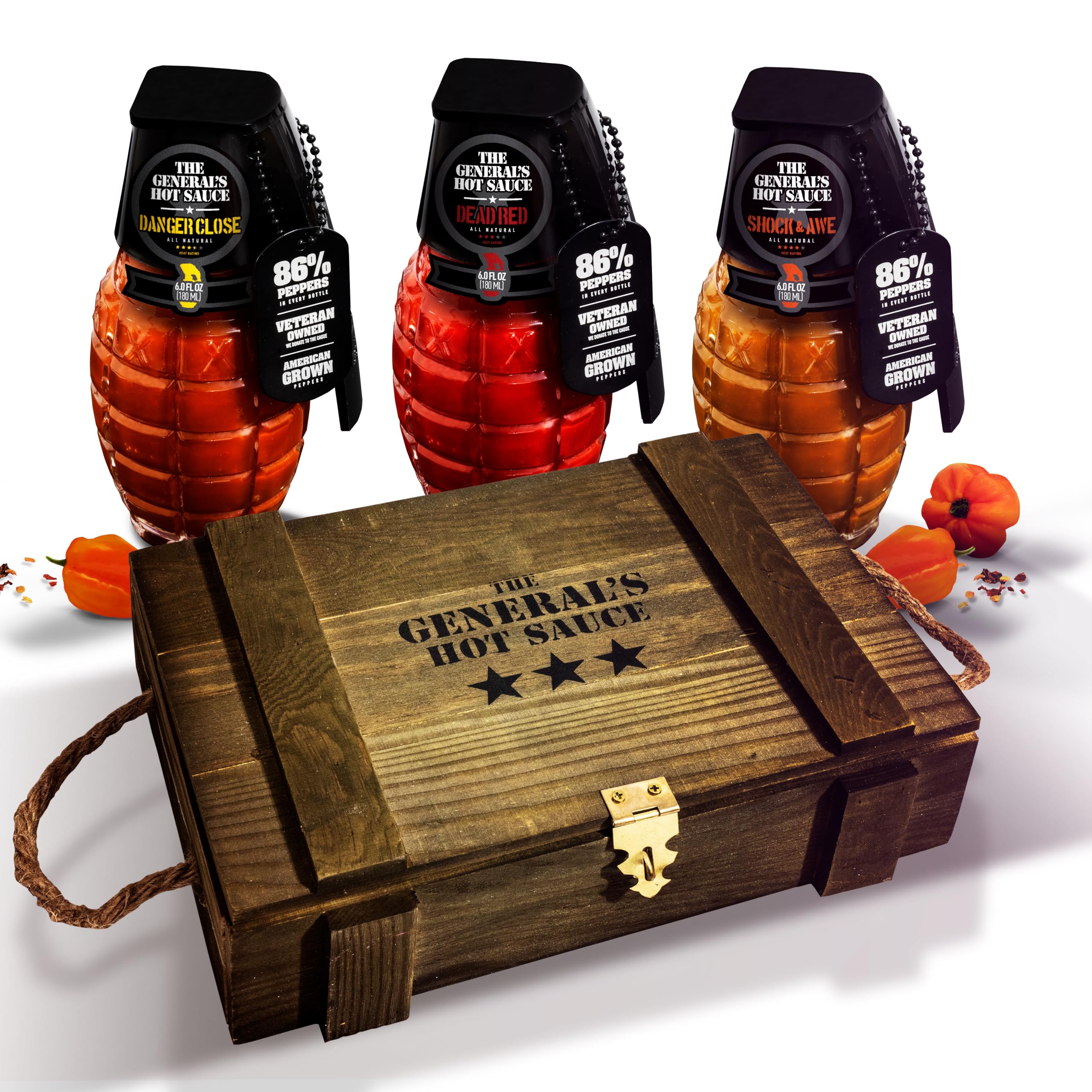 The General’s Hot Sauce Military-Inspired Ammo Crate Gift Box 6oz, 3-Pack Gift Box – Gourmet Hot Sauce Variety with Cayenne & Habanero – American Grown, All-Natural, Spicy Sauce Collection - Veteran-Owned