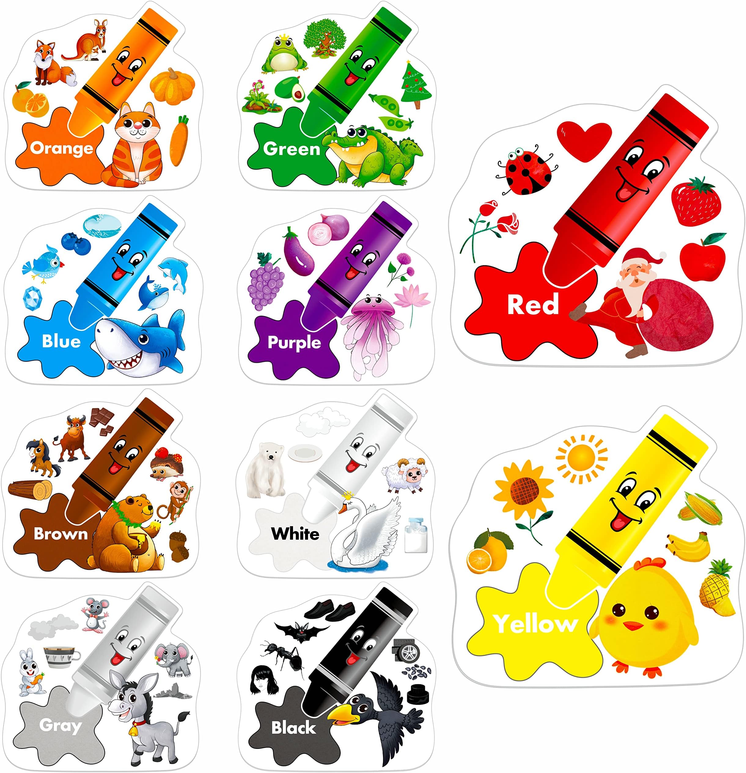 Gethelud 10 PCS Color Posters, Color Cutouts Bulletin Board Set Fruit Animal Plant Word Color for Toddler Kid Learning Color Family Classroom Decoration Supplies, 12” x 11.5”
