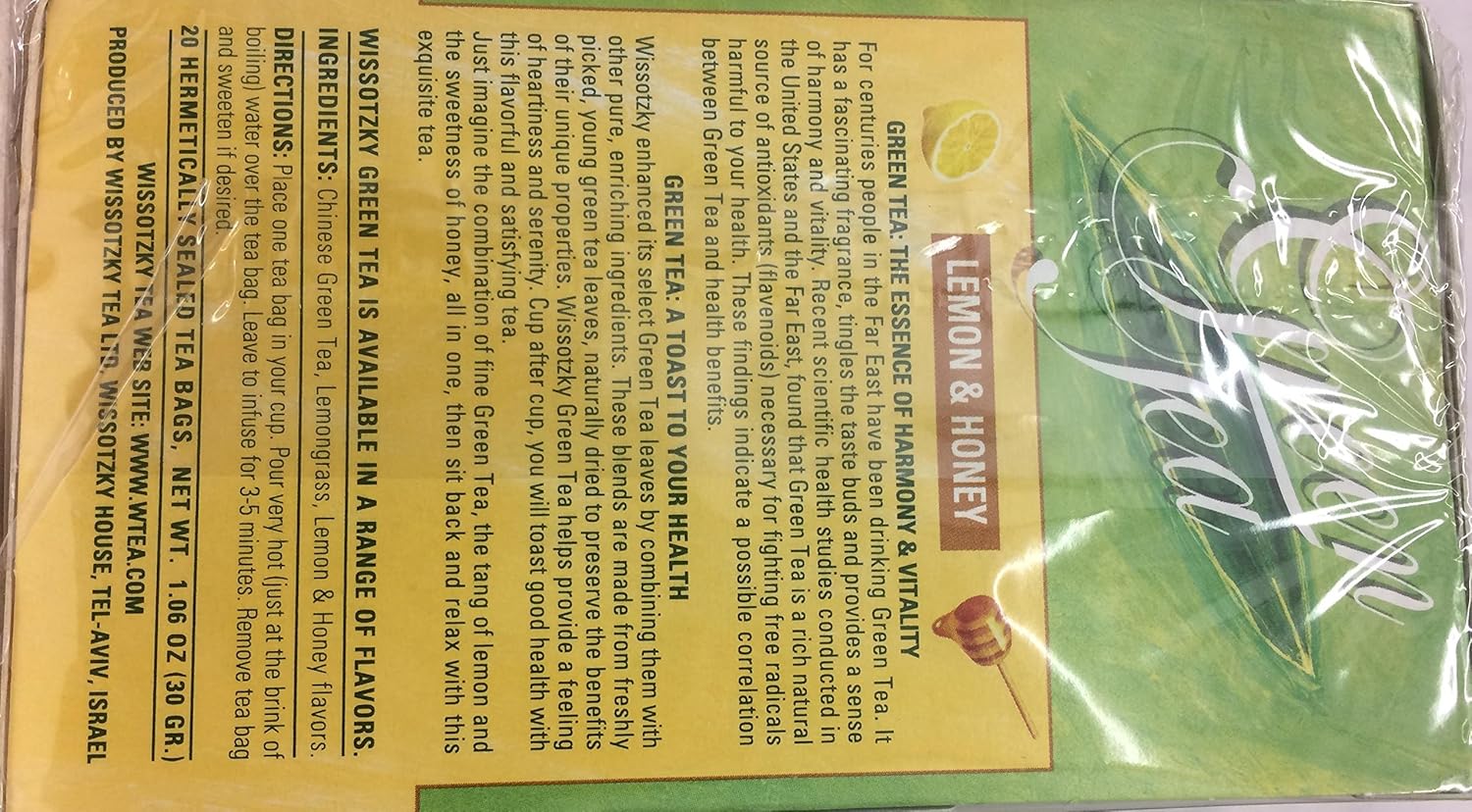 Wissotzky Tea Green Tea With Lemon & Honey 1.06 Oz. Pack Of 3.