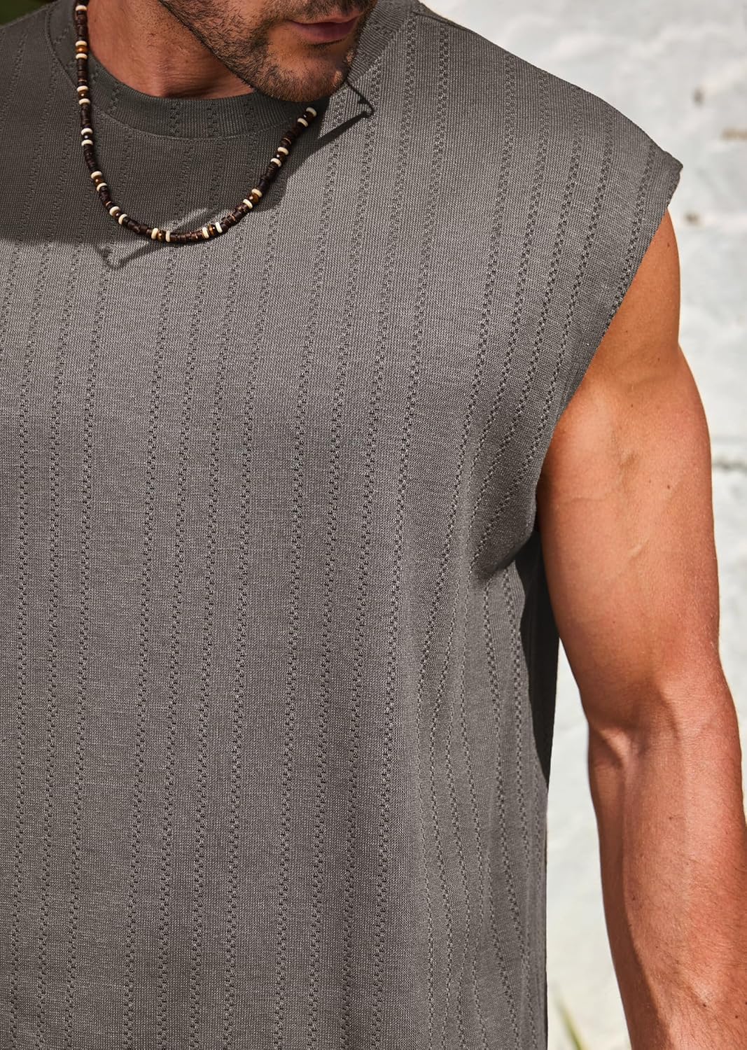 Mens Knit Tank Tops Textured Hollow Out Summer Sleeveless T-Shirt (S-XXL)