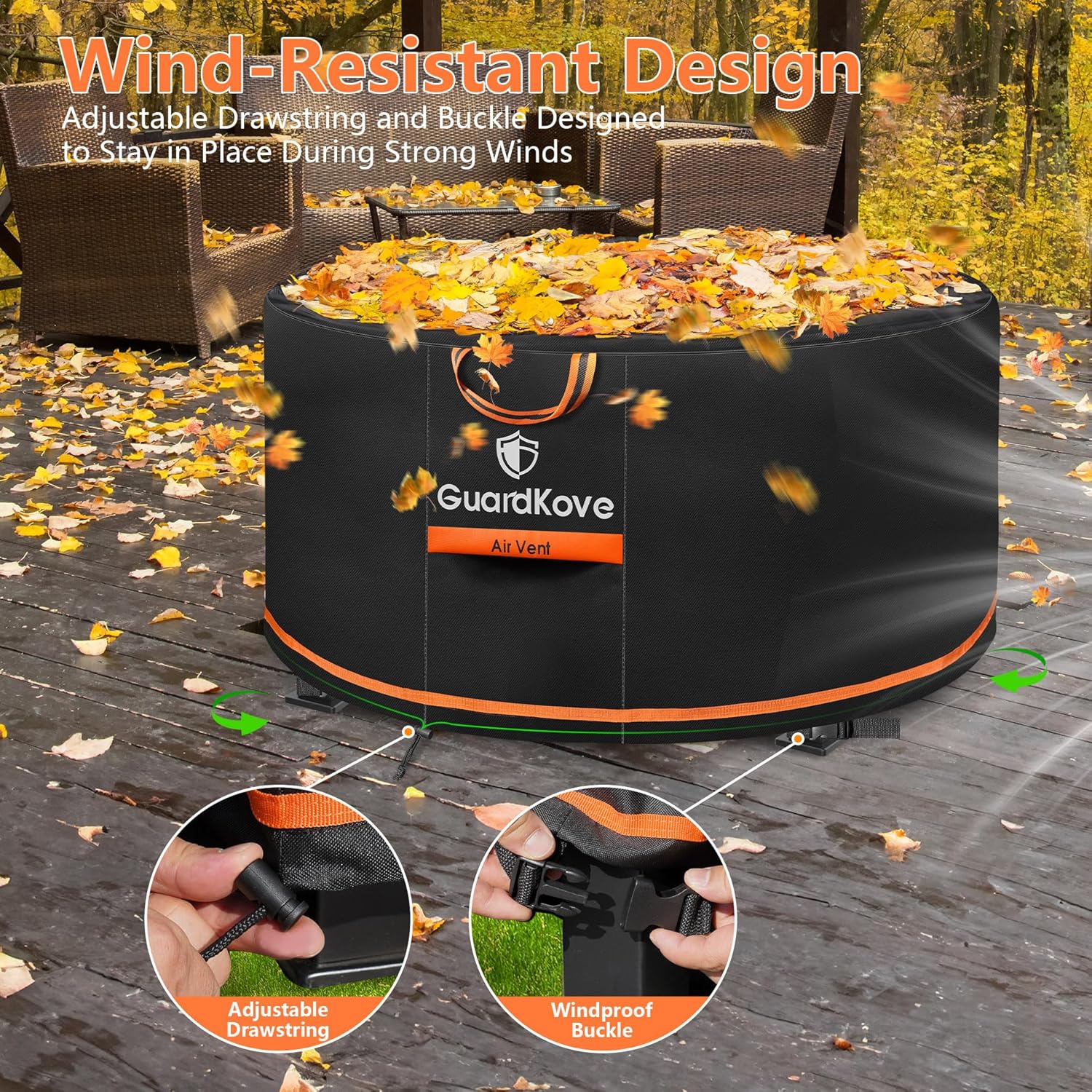 [Upgraded 1000D Heavy Duty Fabric] 50” Fire Pit Cover Round for 48”- 50” Fire Pit/Tables, Waterproof Tear & Fade Resistant Firepit Cover with Buckle, Handle, Drawstring, Air Vent (50”D x 24”H,Black)