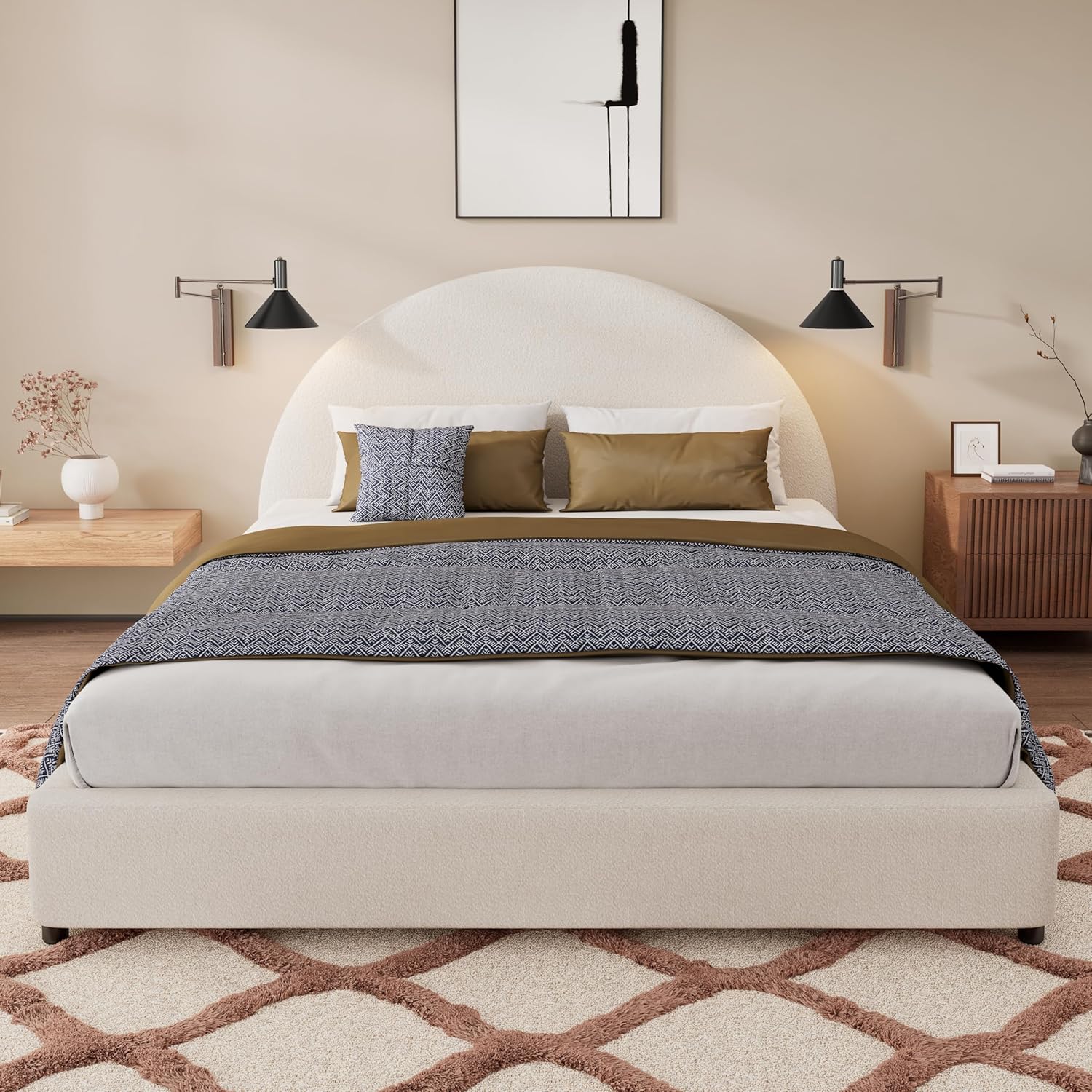 Merax Queen Size Bed Frame, Elegant Boucle Upholstered Platform Bed with Round Curved Headboard for Bedroom, Solid Wood Slats Support, No Box Spring Needed, Easy Assembly, White