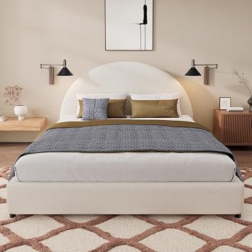 Queen Size Marshmallow Bed Frame with Upholstered Round Curved Headboard, Modern Boucle Soft Cloud Platform Bed Frame with Wood Slats, No Box Spring Needed, Easy Assembly, White