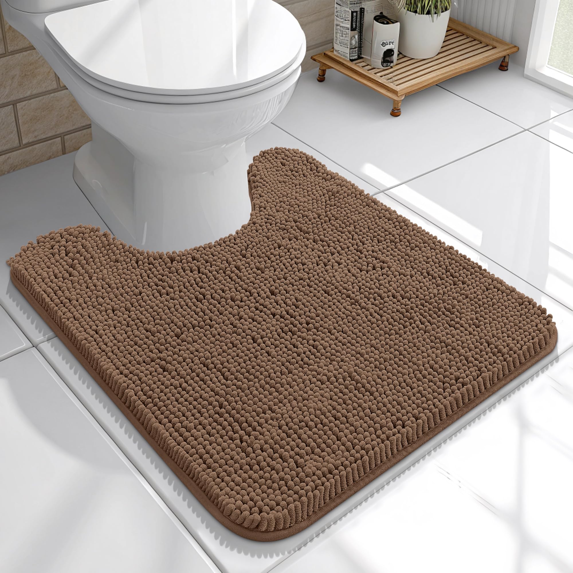 OLANLY Toilet Rugs U-Shaped 20x20, Soft Absorbent Chenille Contour Rugs | Mocha, Quick-Drying Rubber Backing, Machine Washable Non-Slip Shaggy Bathroom Mat for Toilet, Home Decor Accessories