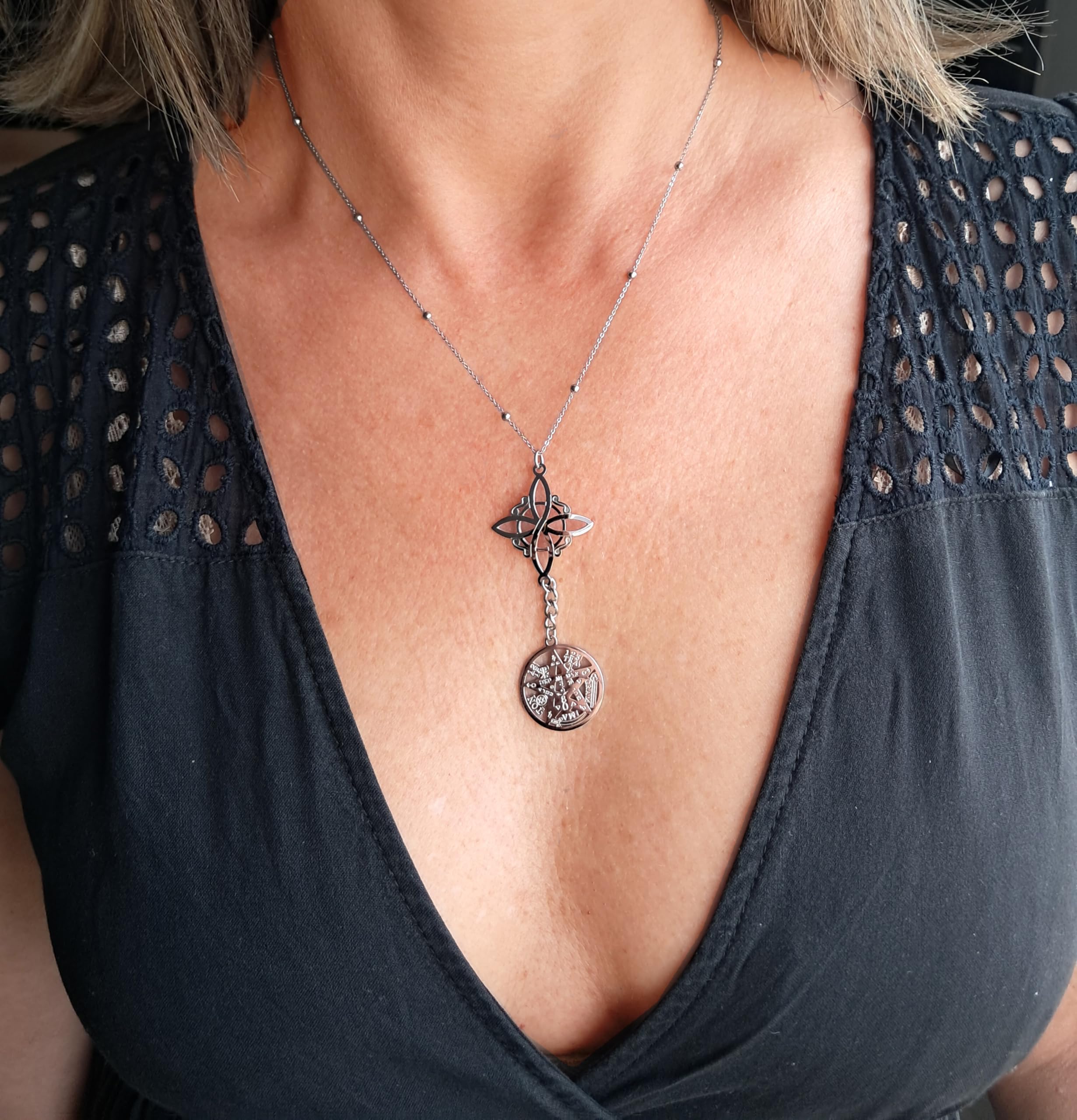 Tetragramatón Acero Inoxidable con Cadena y nudo de brujas– doble protección nudo de bruja y tetragramaton -amuletos de la suerte y proteccion. Amuleto de Protección Energética,turmalina natural.