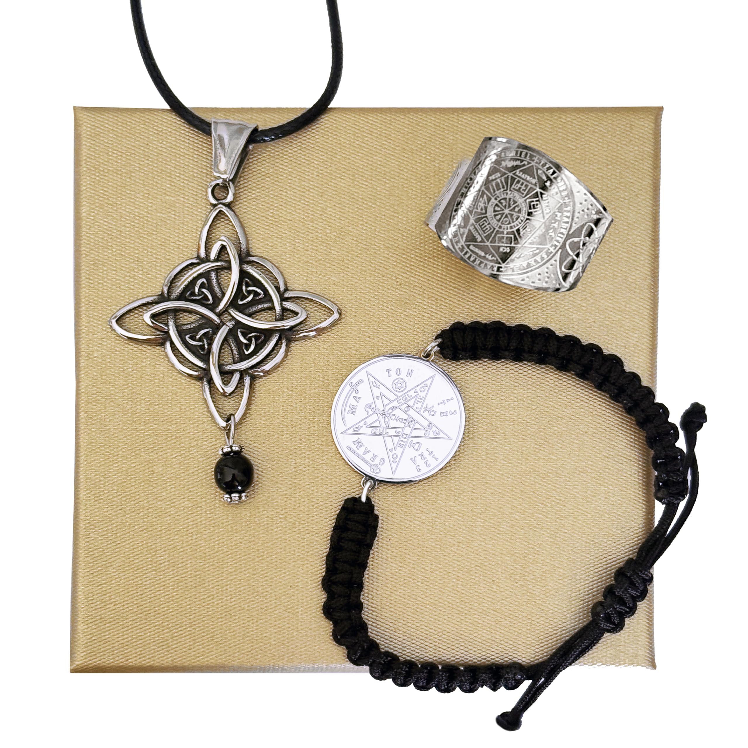 Simboliks Pack de 3 piezas: Triple Protección Esotérica, Colgante Nudo de Bruja con Ónix, Pulsera Tetragramatón y Anillo Sello de 7 Arcángeles, Acero Inoxidable, Amuleto contra Mal de Ojo y Hechizos