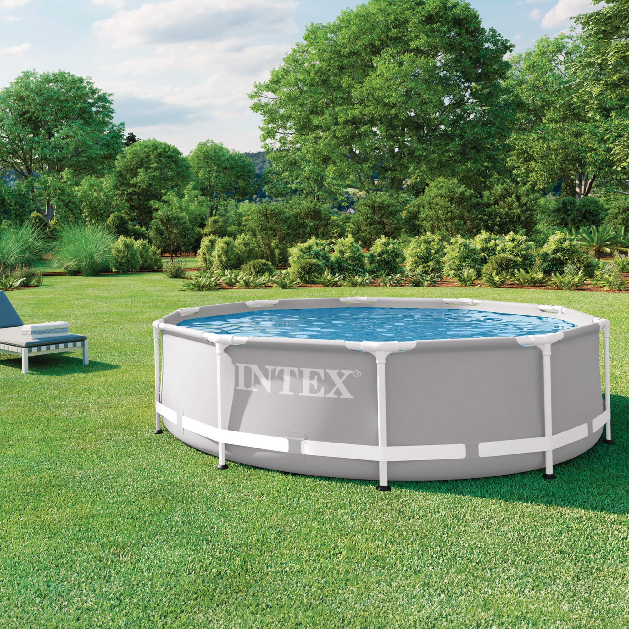 Intex 26702NP – Piscina Fuori Terra Prisma Frame Rotonda, Pompa Filtro 1250 L/h, 4485 L, Acciaio e PVC, Grigio, 305x76 cm