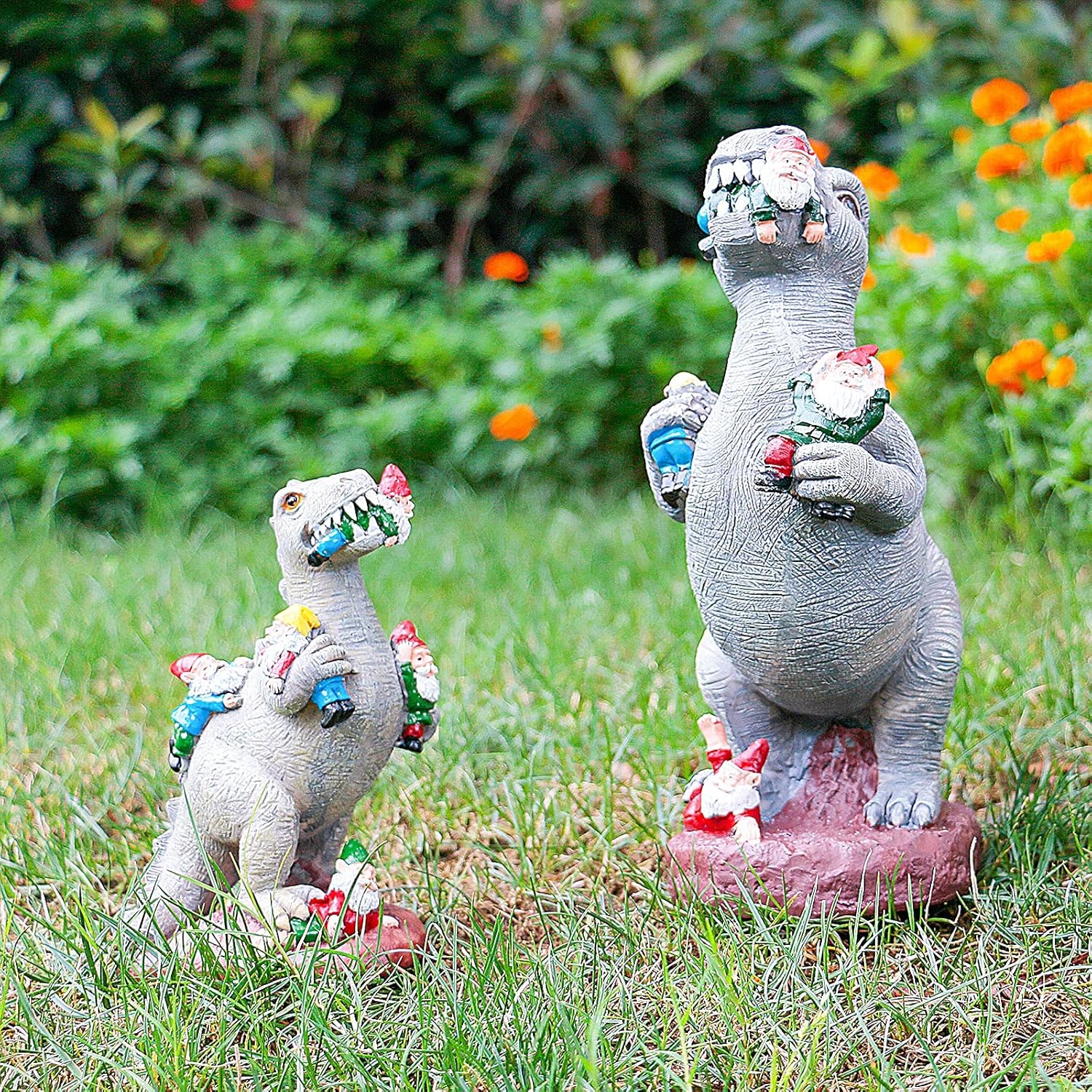 M.A.K Dinosaur Eating Gnomes Garden Decor, Art for Garden Decor, Outdoor Statue for Patio, Lawn, Yard Art Decoration, Housewarming Garden Gift
