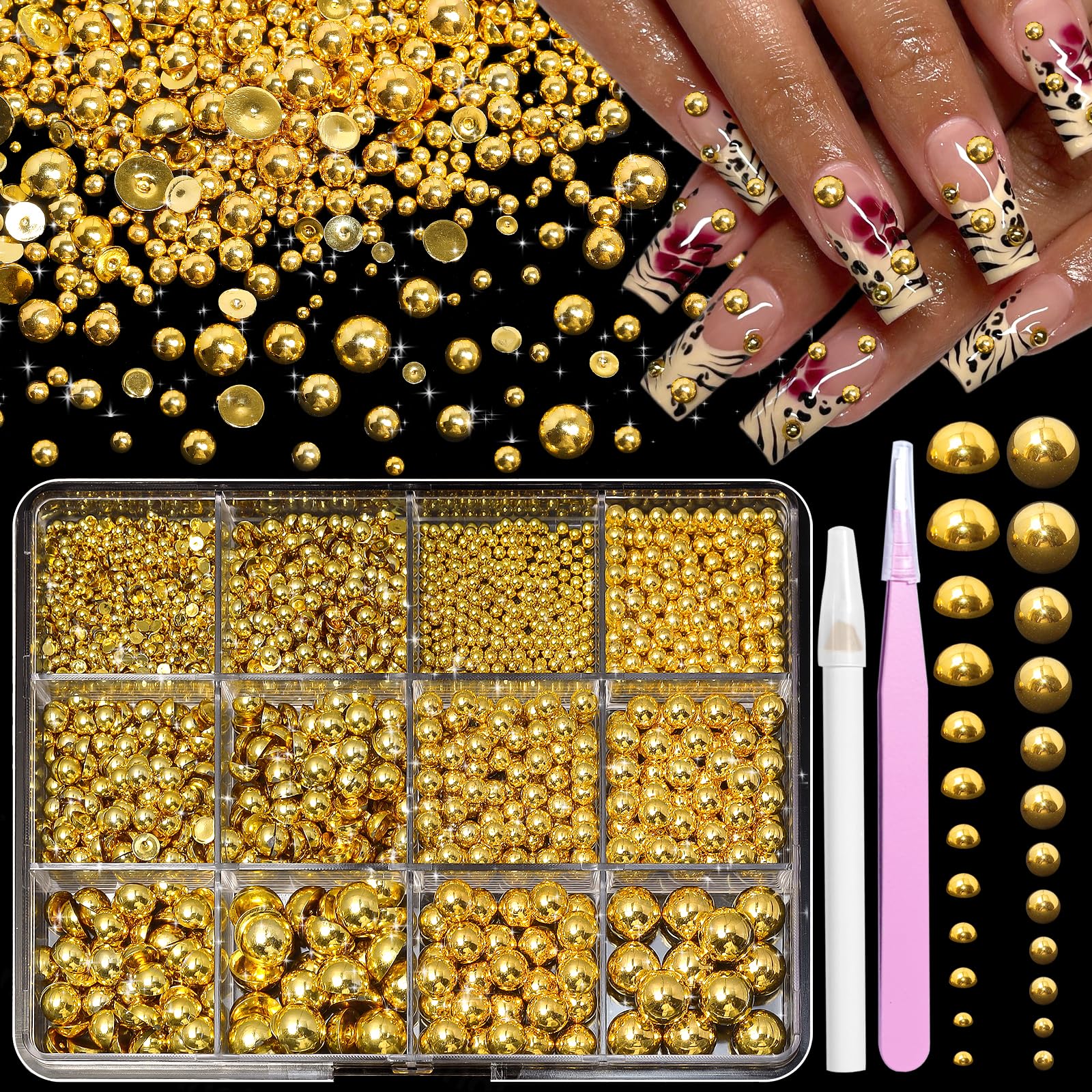 Gold Beads for Nails, Nail Pearls for Nail Art, Round Gold Pearls Nails, Caviar Nail Beads, Small Tiny Half Pearl Bead Gems Rhinestones for DIY Nail