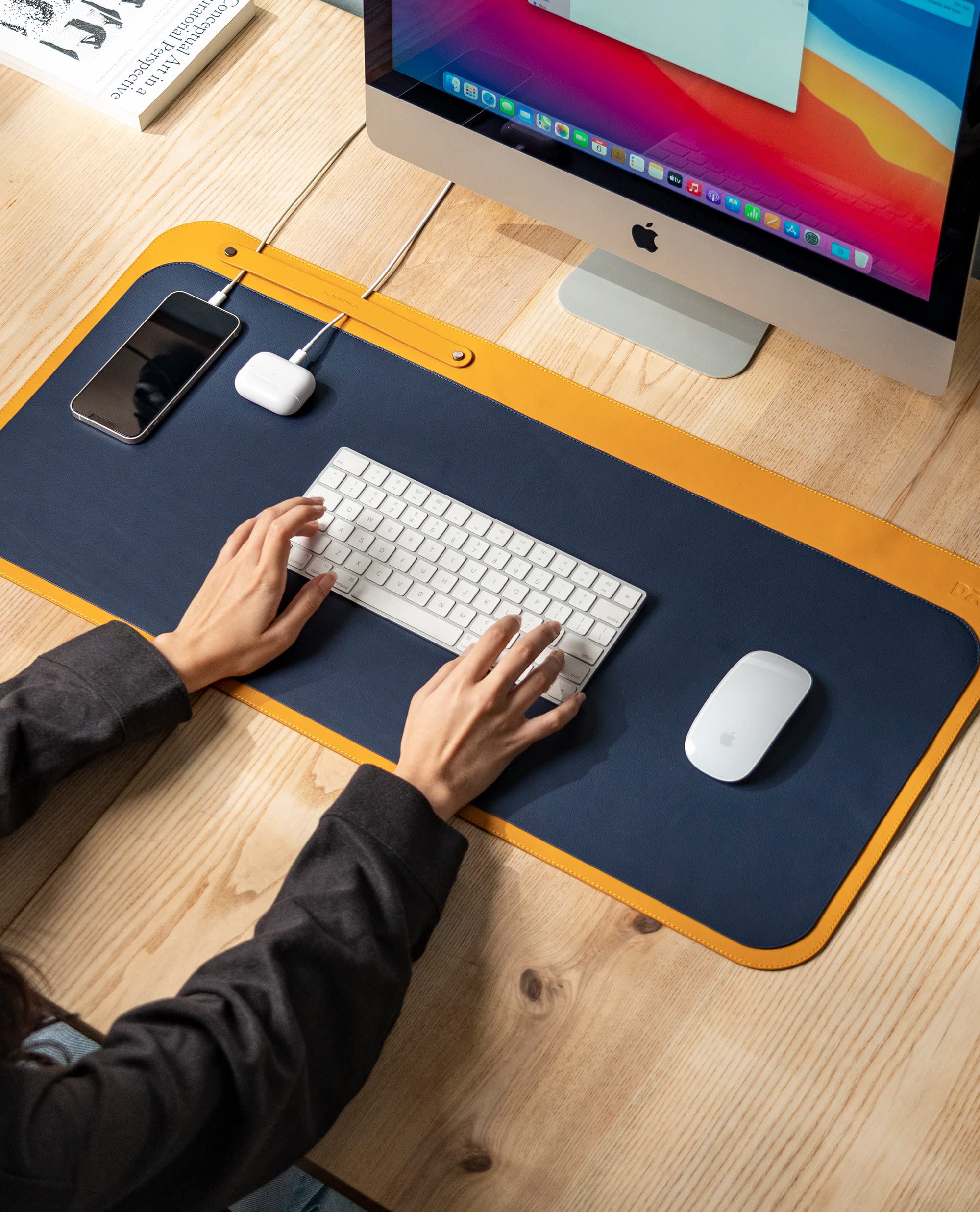 DailyObjects Dart Large Premium Vegan Leather Desktop/Laptop Desk Mat for Work from Home/Office/Gaming | Cable Organiser & Hideway Storage | Extended Mousepad & Water-Resistant - Mustard - Model - R1
