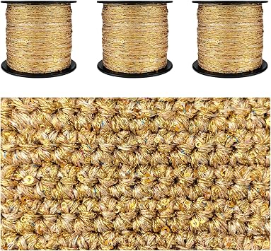 Artisanal Yarn Collection Multifiber Fancy Yarn with Mini Golden Sequins for Knitting Crocheting Crafts DIY, Set of 3 Rolls Gold with Mini Sequins